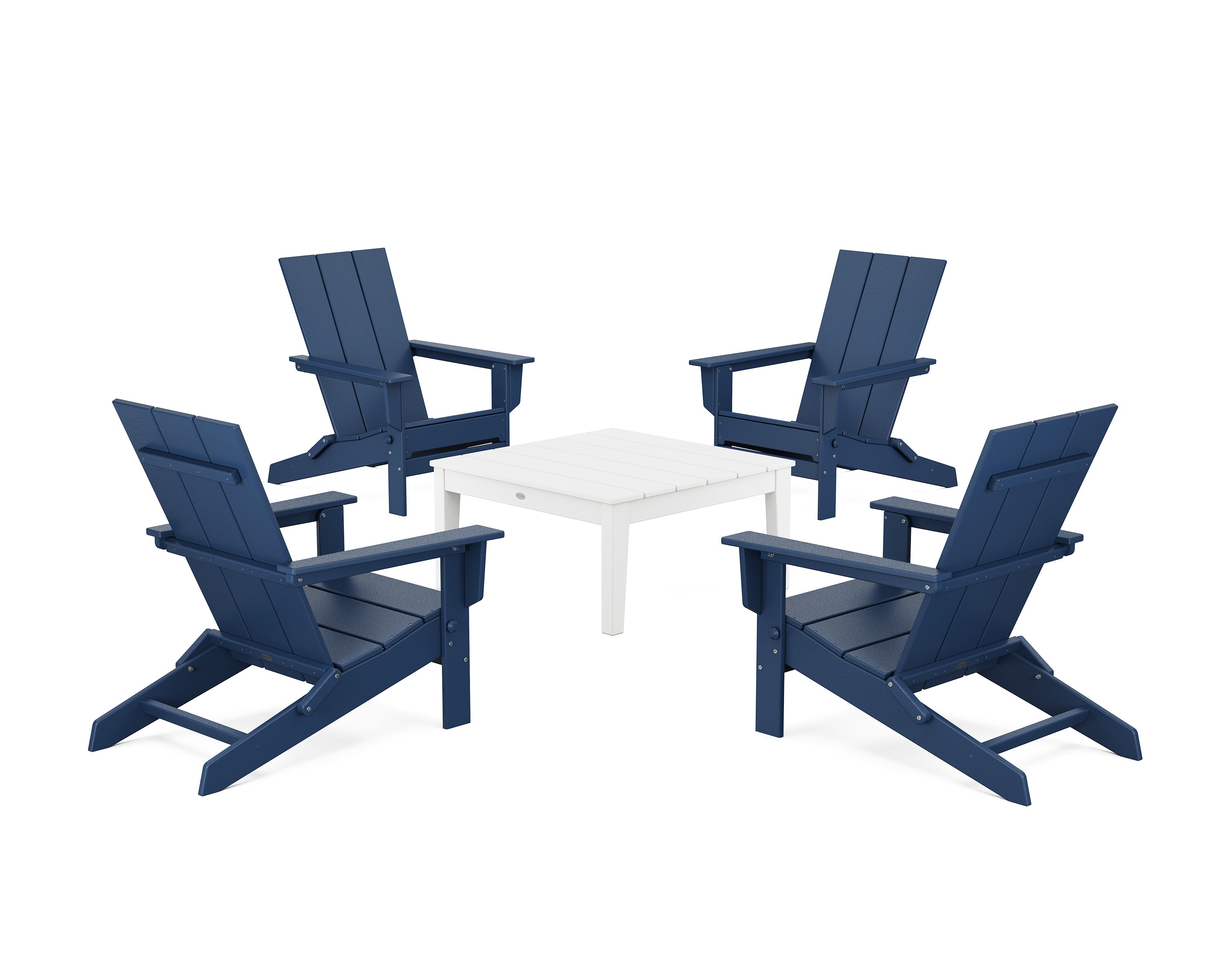 POLYWOOD 5-Piece Modern Studio Folding Adirondack Chair Conversation Group in Navy / White
