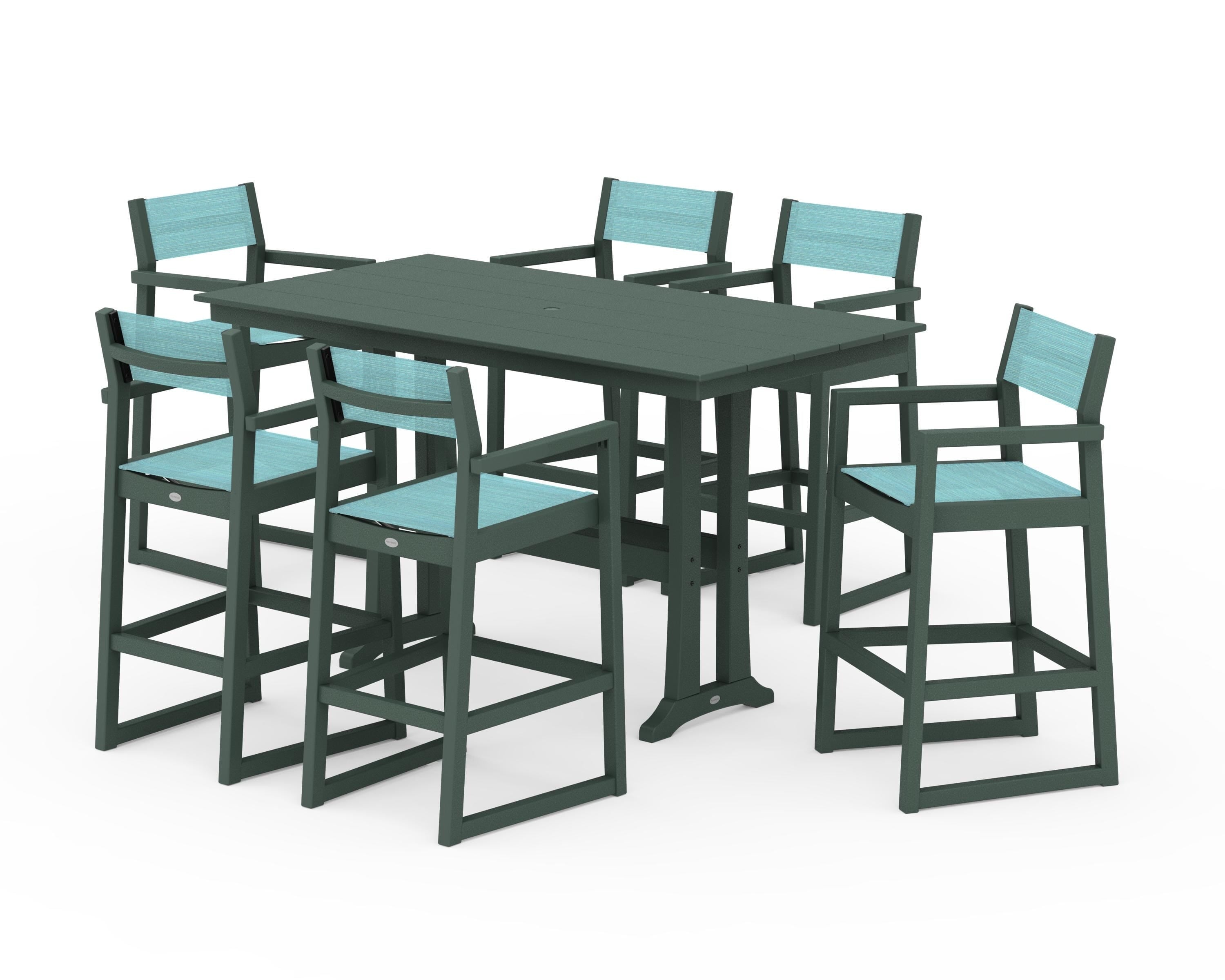 POLYWOOD EDGE Sling Arm Chair 7-Piece Farmhouse Bar Set with Trestle Legs in Green / Dupioni Aquamarine Sling
