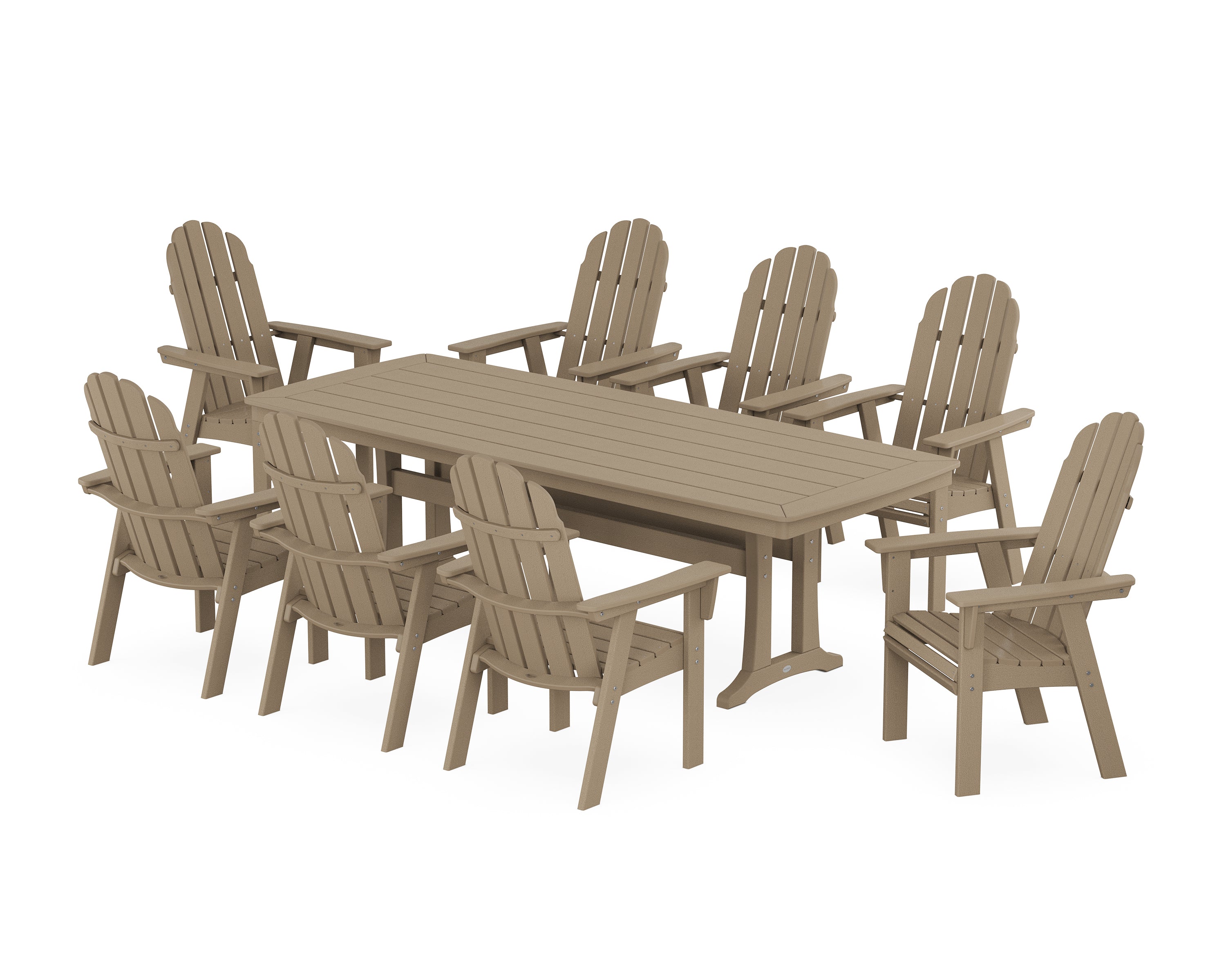 POLYWOOD Vineyard Curveback Adirondack 9-Piece Dining Set with Trestle Legs in Vintage Sahara
