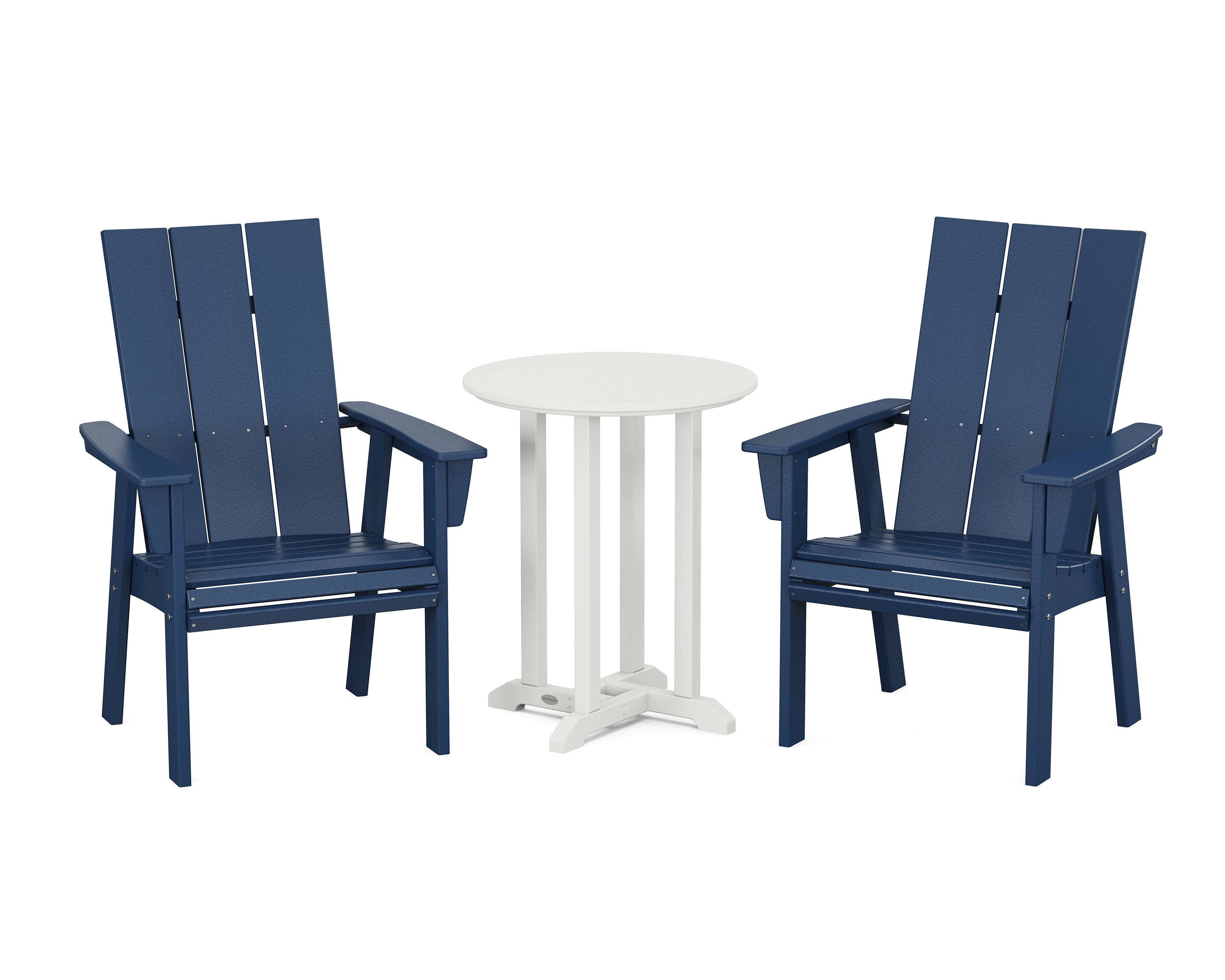 POLYWOOD® Modern Curveback Adirondack 3-Piece Round Dining Set in Navy / White