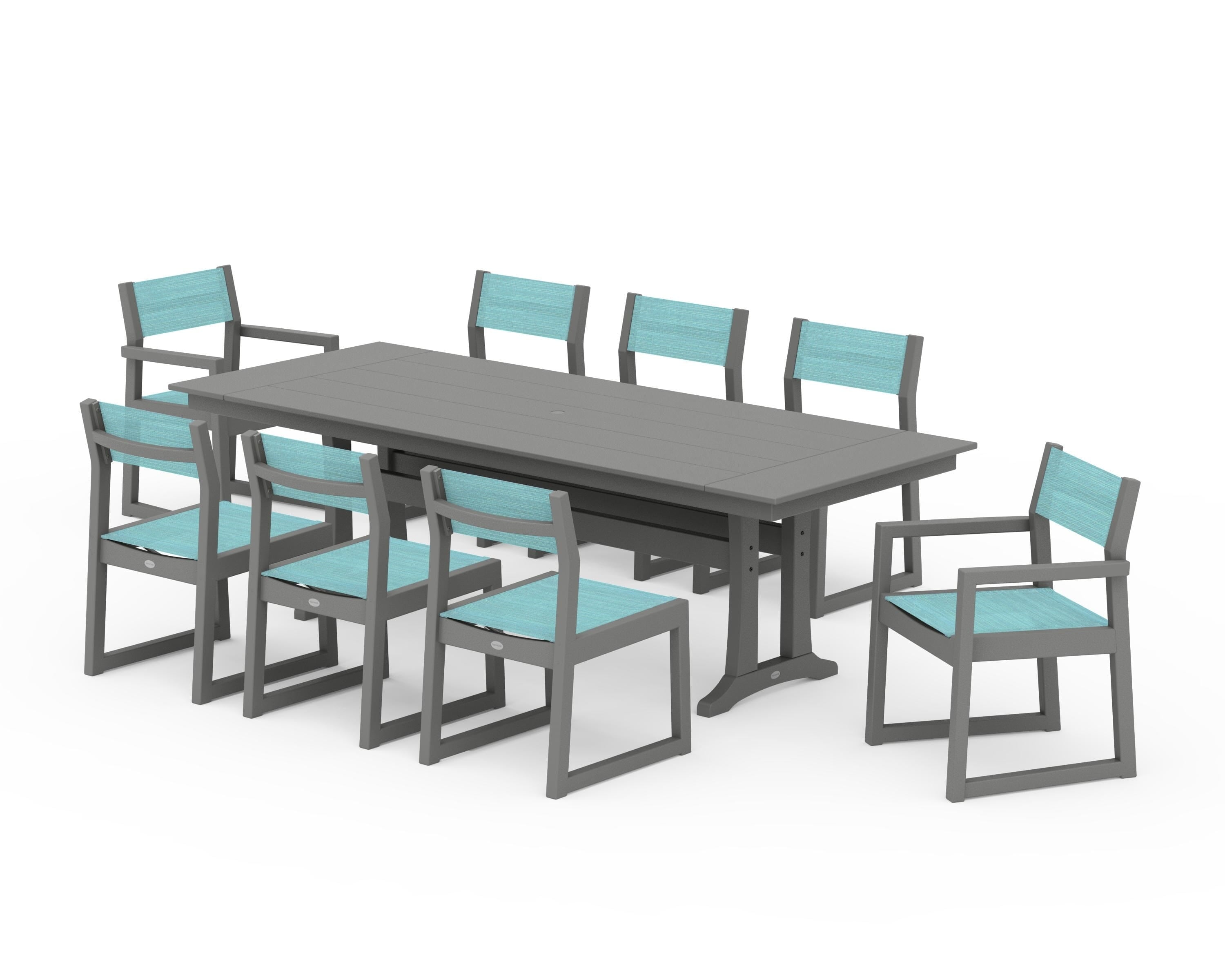 POLYWOOD EDGE Sling 9-Piece Farmhouse Trestle Dining Set in Slate Grey / Dupioni Aquamarine Sling