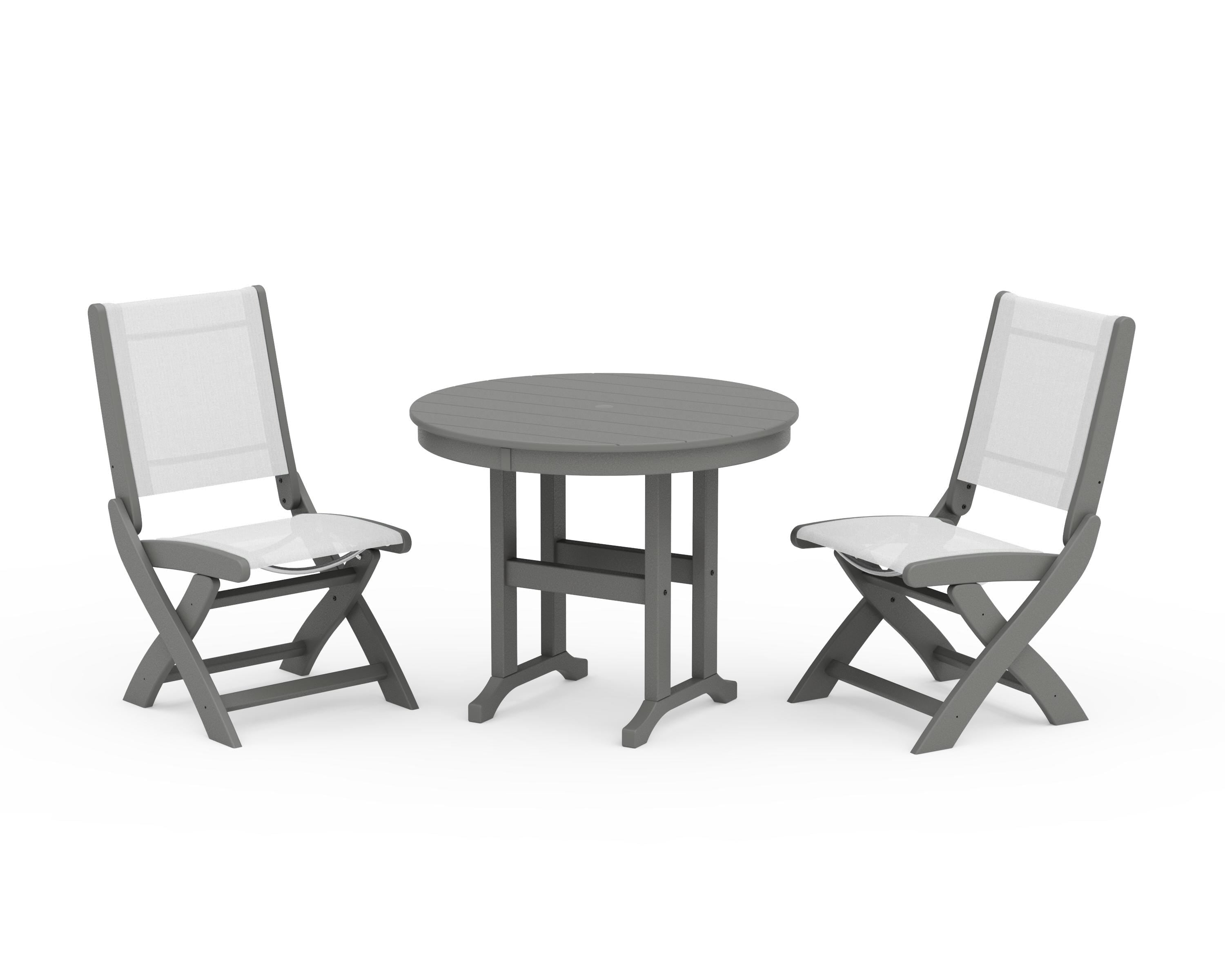POLYWOOD Coastal Folding Side Chair 3-Piece Round Dining Set in Slate Grey / White Sling