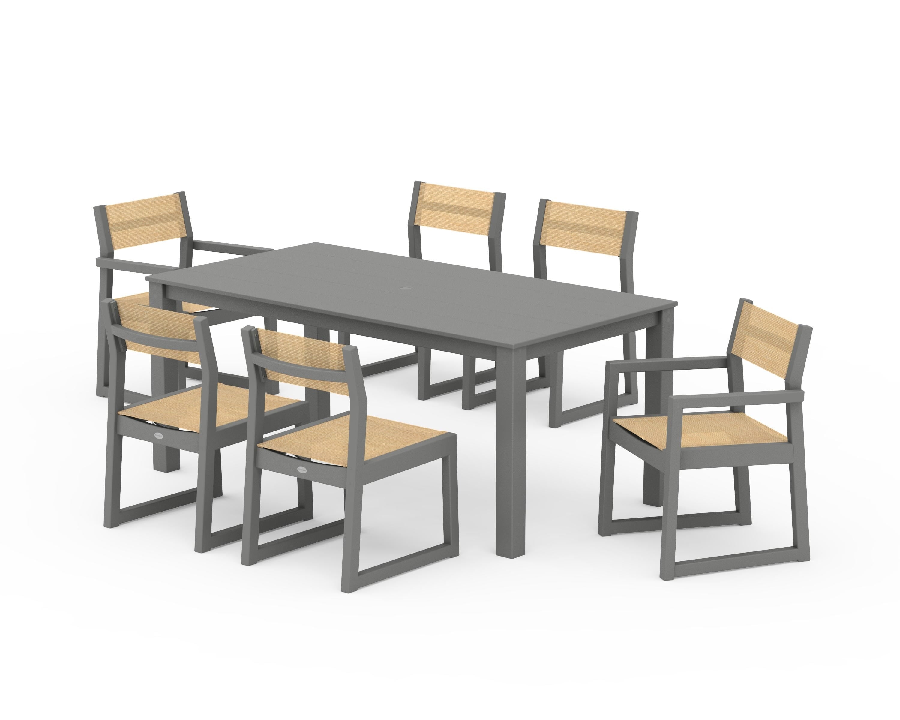 POLYWOOD EDGE Sling 7-Piece Parsons Dining Set in Slate Grey / Dupioni Apricot Sling