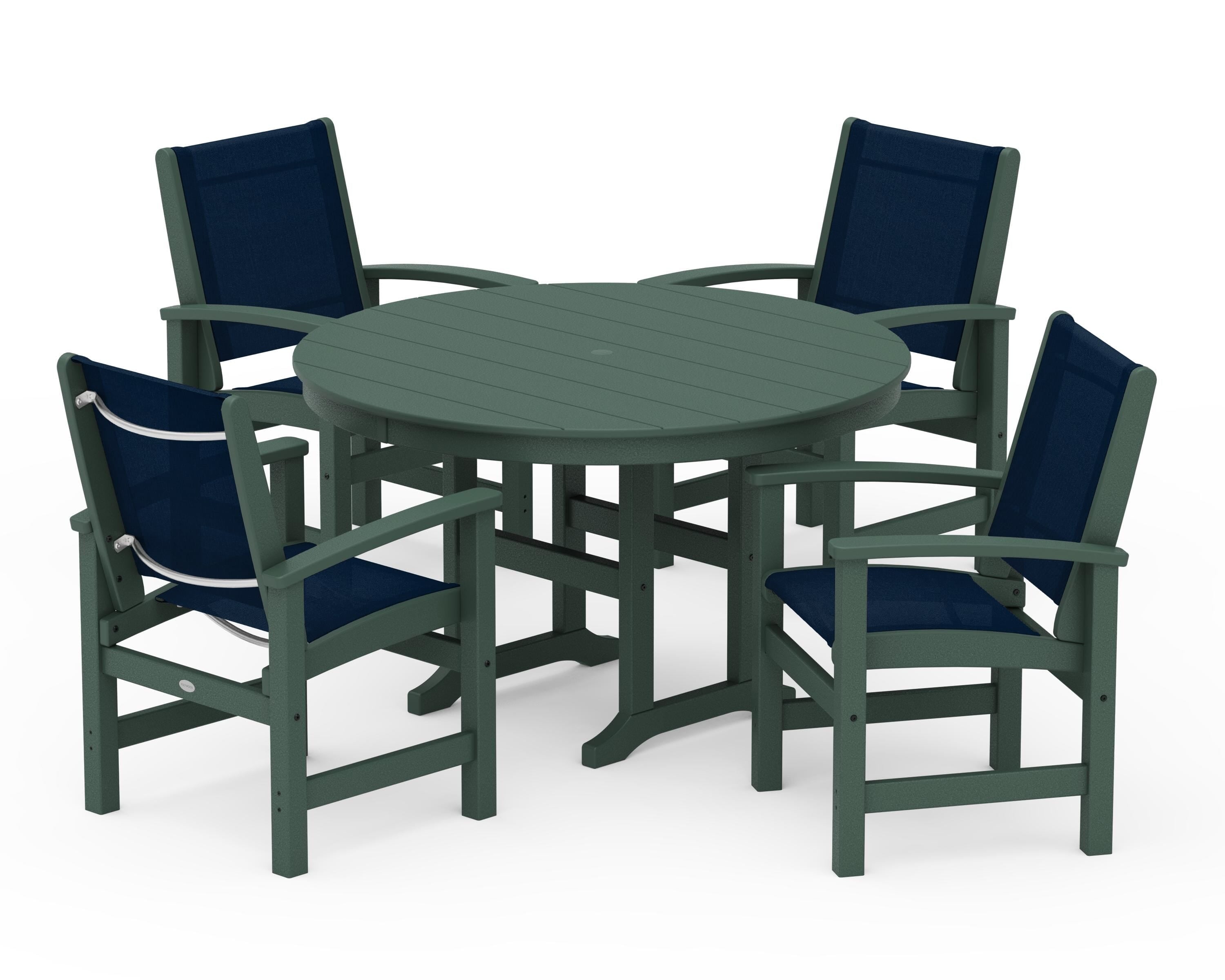 POLYWOOD Coastal 5-Piece Round Farmhouse Dining Set in Green / Navy Blue Sling