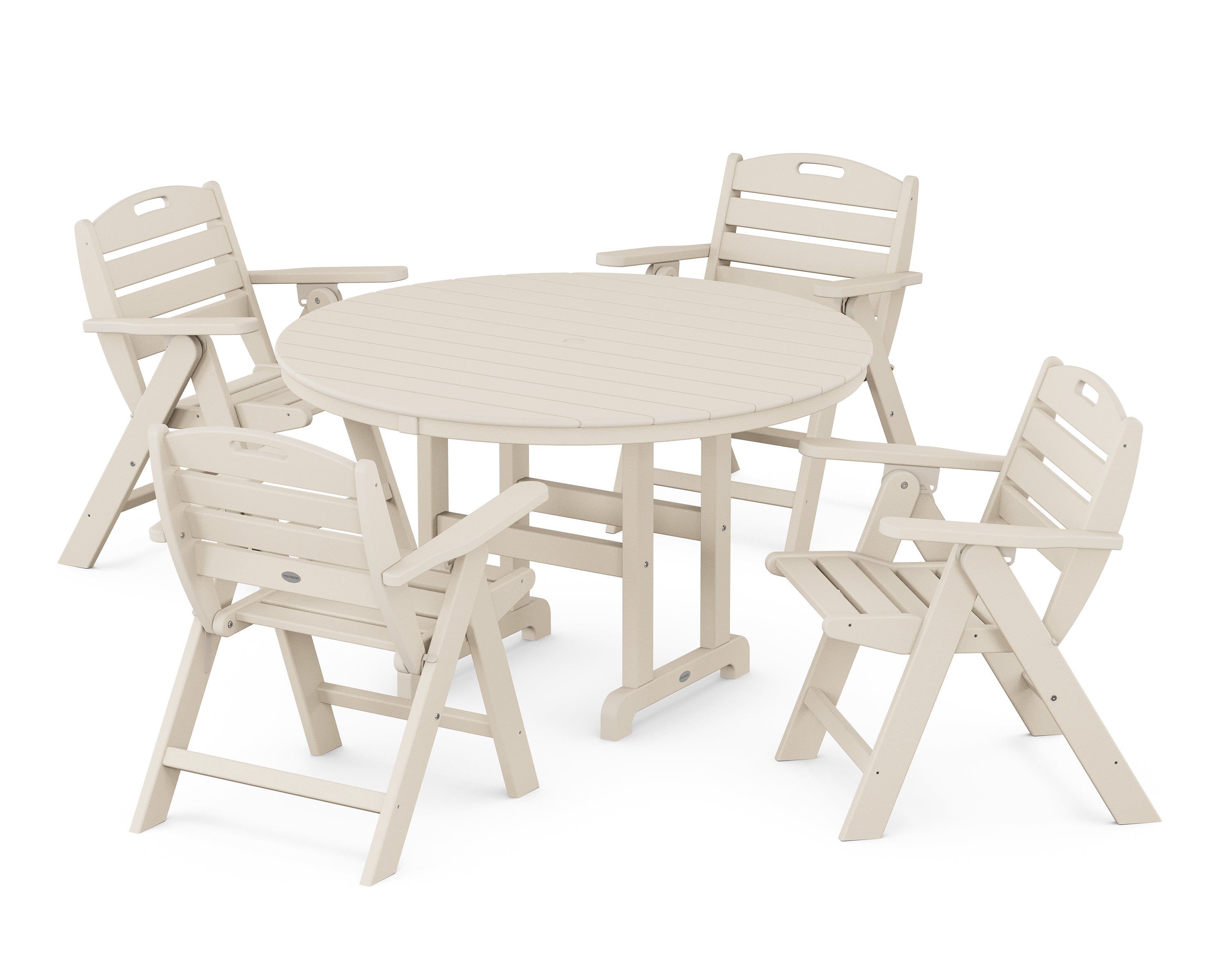 POLYWOOD® Nautical Folding Lowback Chair 5-Piece Round Farmhouse Dining Set in Sand