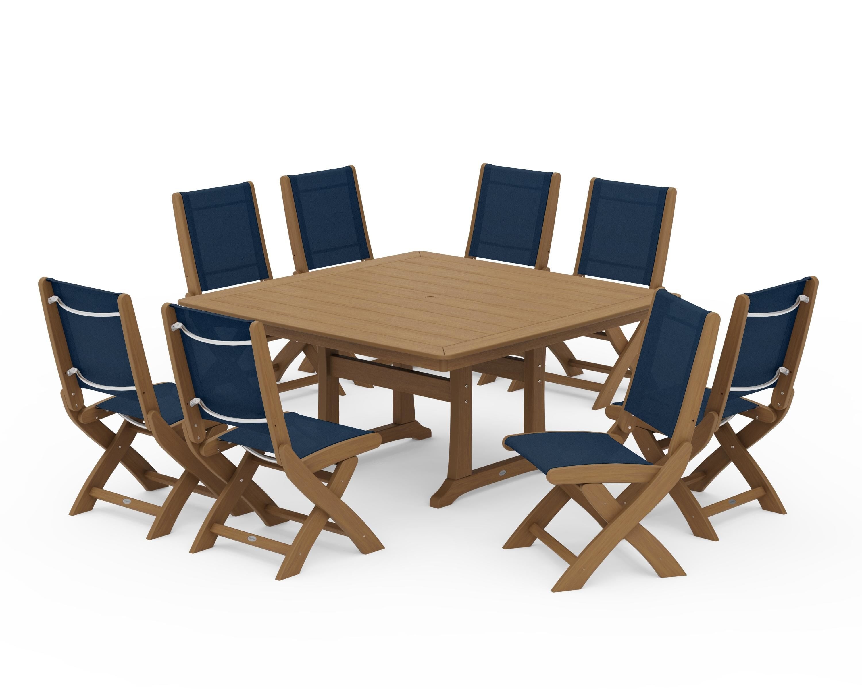 POLYWOOD Coastal Folding Side Chair 9-Piece Dining Set with Trestle Legs in Natural / Navy Blue Sling