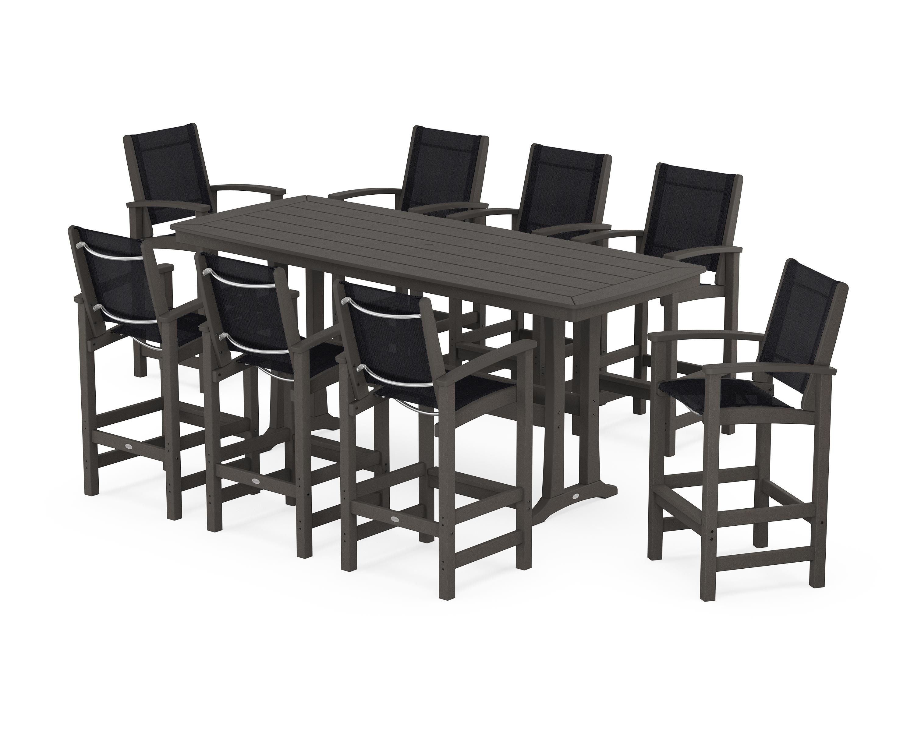 POLYWOOD Coastal 9-Piece Bar Set with Trestle Legs in Vintage Coffee / Black Sling