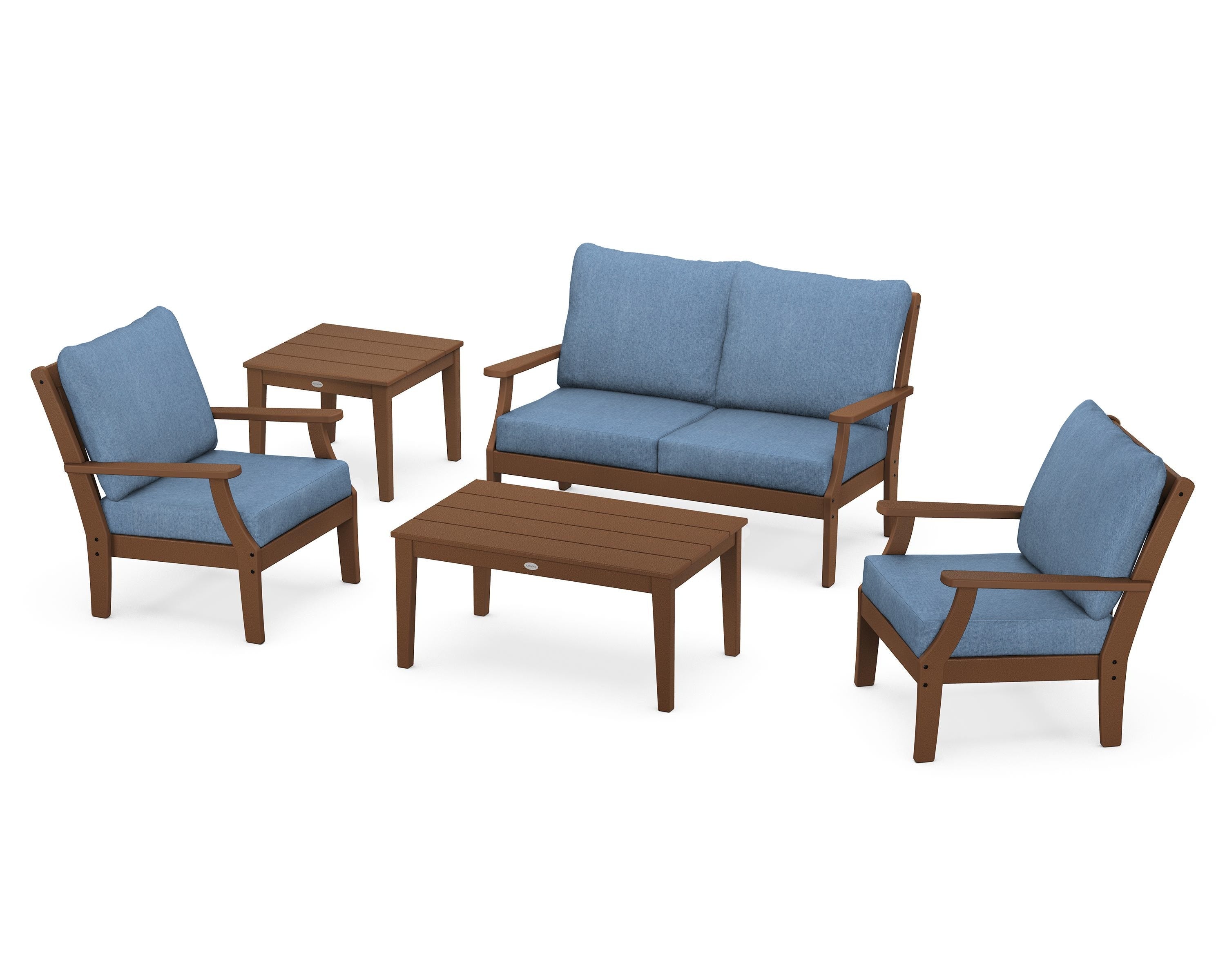 POLYWOOD Braxton 5-Piece Deep Seating Set in Teak / Sky Blue