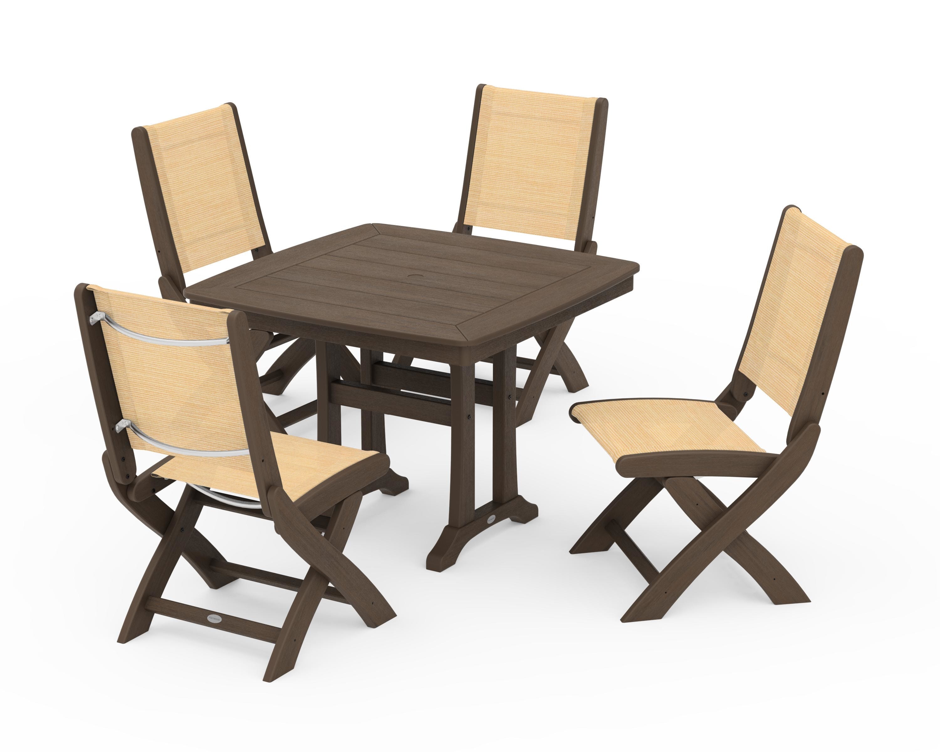 POLYWOOD Coastal Folding Side Chair 5-Piece Dining Set with Trestle Legs in Kona / Dupioni Apricot Sling