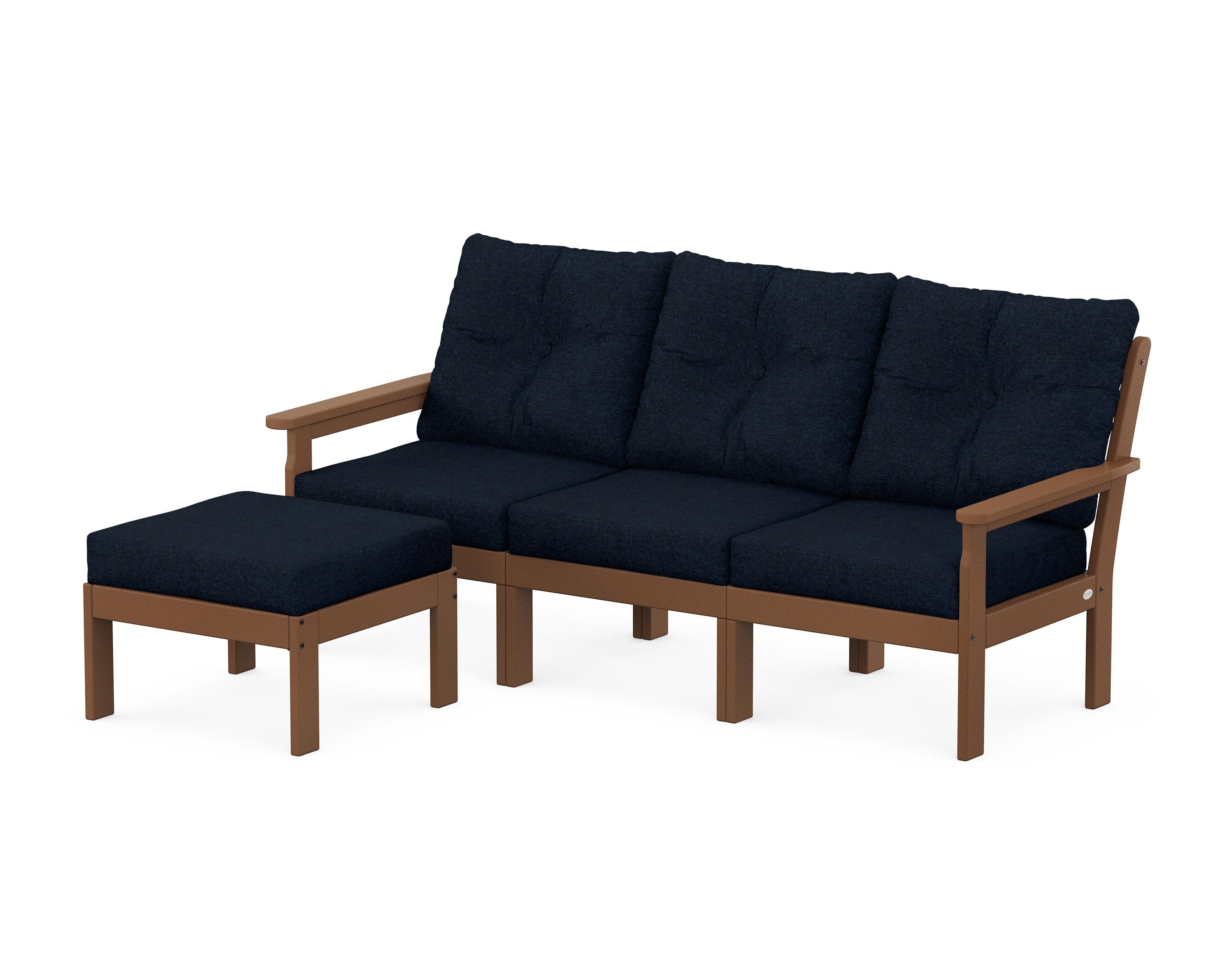 POLYWOOD Vineyard 4-Piece Sectional with Ottoman in Teak / Marine Indigo