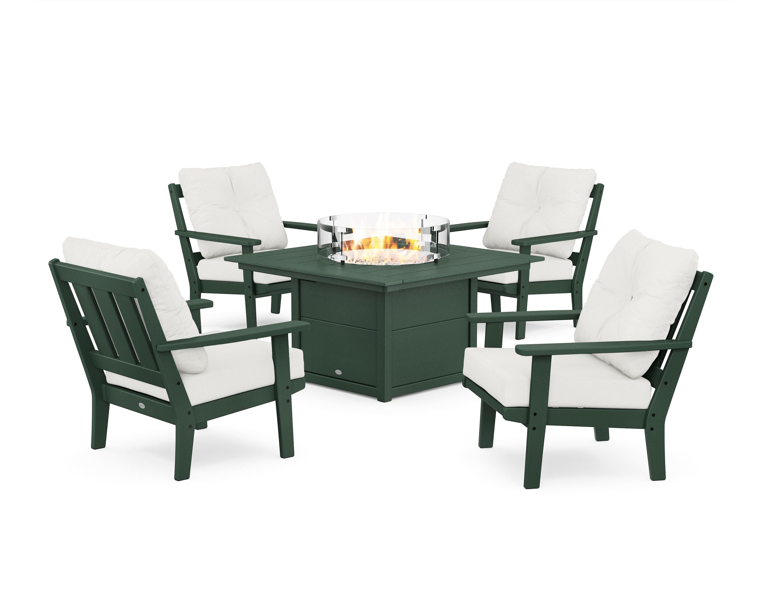 POLYWOOD Oxford 5-Piece Deep Seating Set with Fire Pit Table in Green / Natural Linen