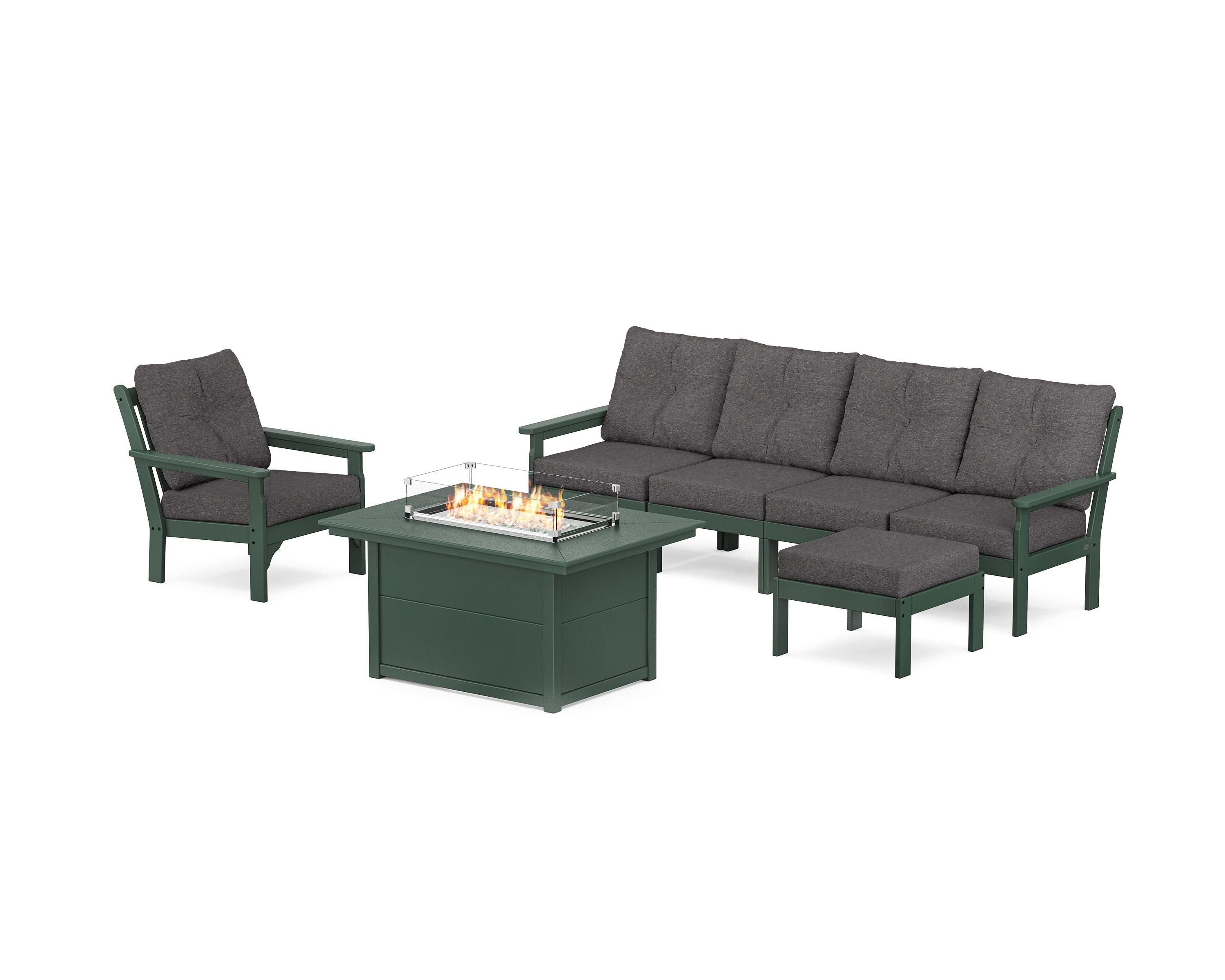 POLYWOOD Vineyard Sectional Lounge and Fire Pit Set in Green / Ash Charcoal