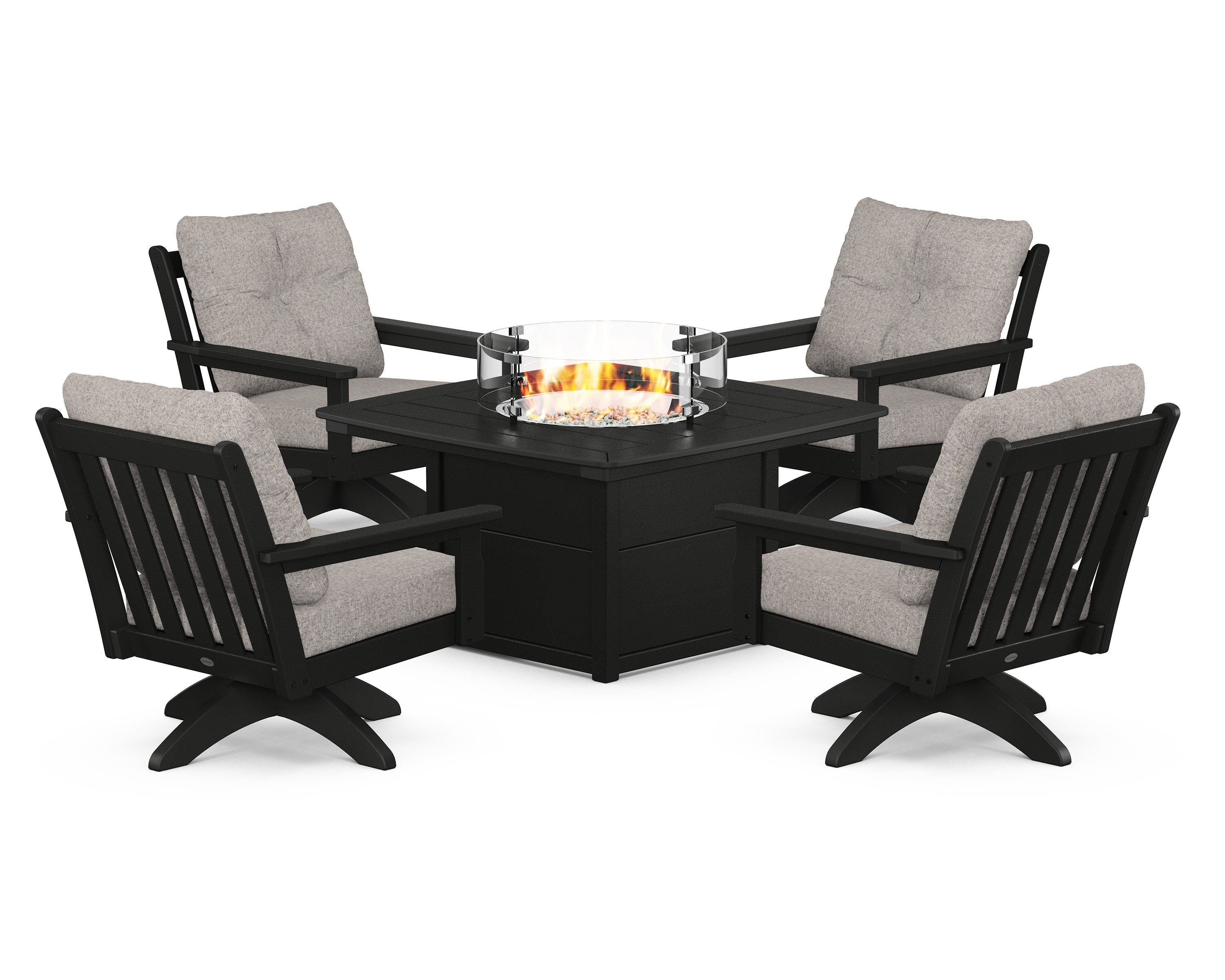 POLYWOOD Vineyard 5-Piece Deep Seating Swivel Conversation Set with Fire Pit Table in Black / Weathered Tweed
