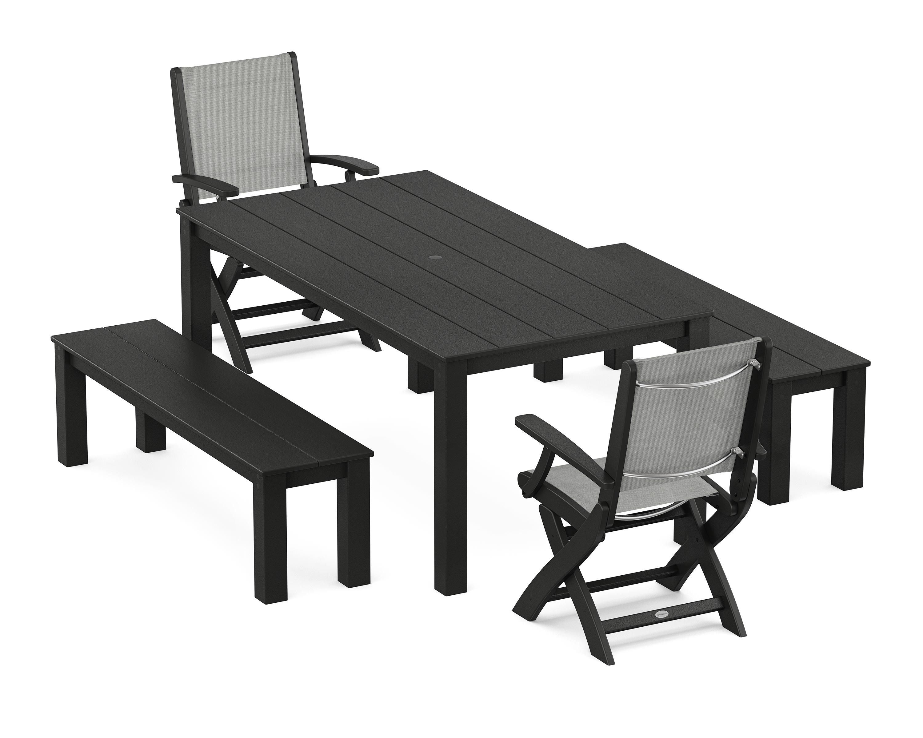 POLYWOOD Coastal Folding Chair 5-Piece Parsons Dining Set with Benches in Black / Metallic Sling