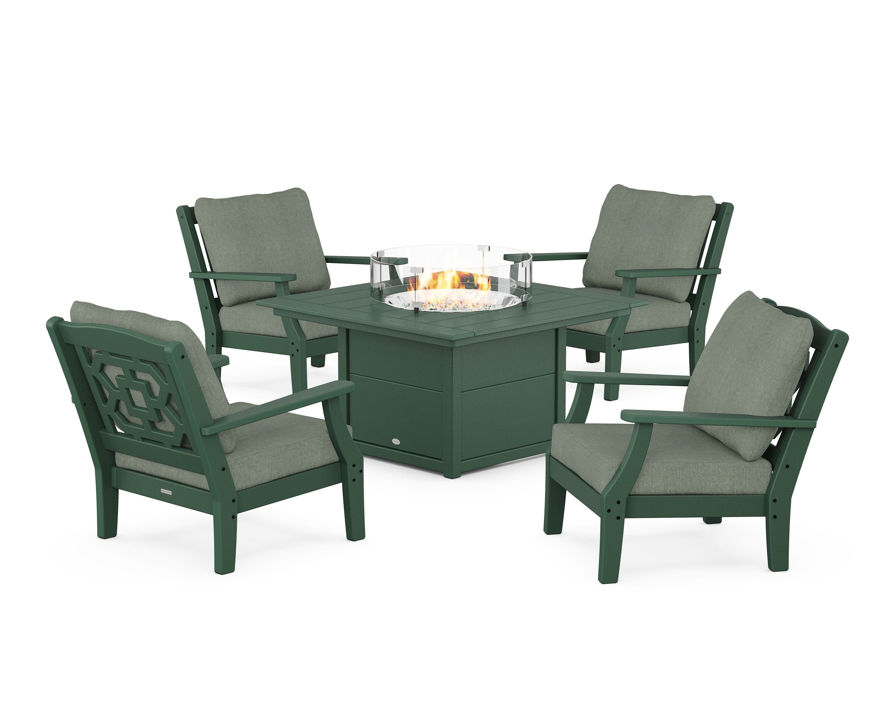 Martha Stewart by POLYWOOD Chinoiserie 5-Piece Deep Seating Set with Fire Pit Table in Green / Cast Sage