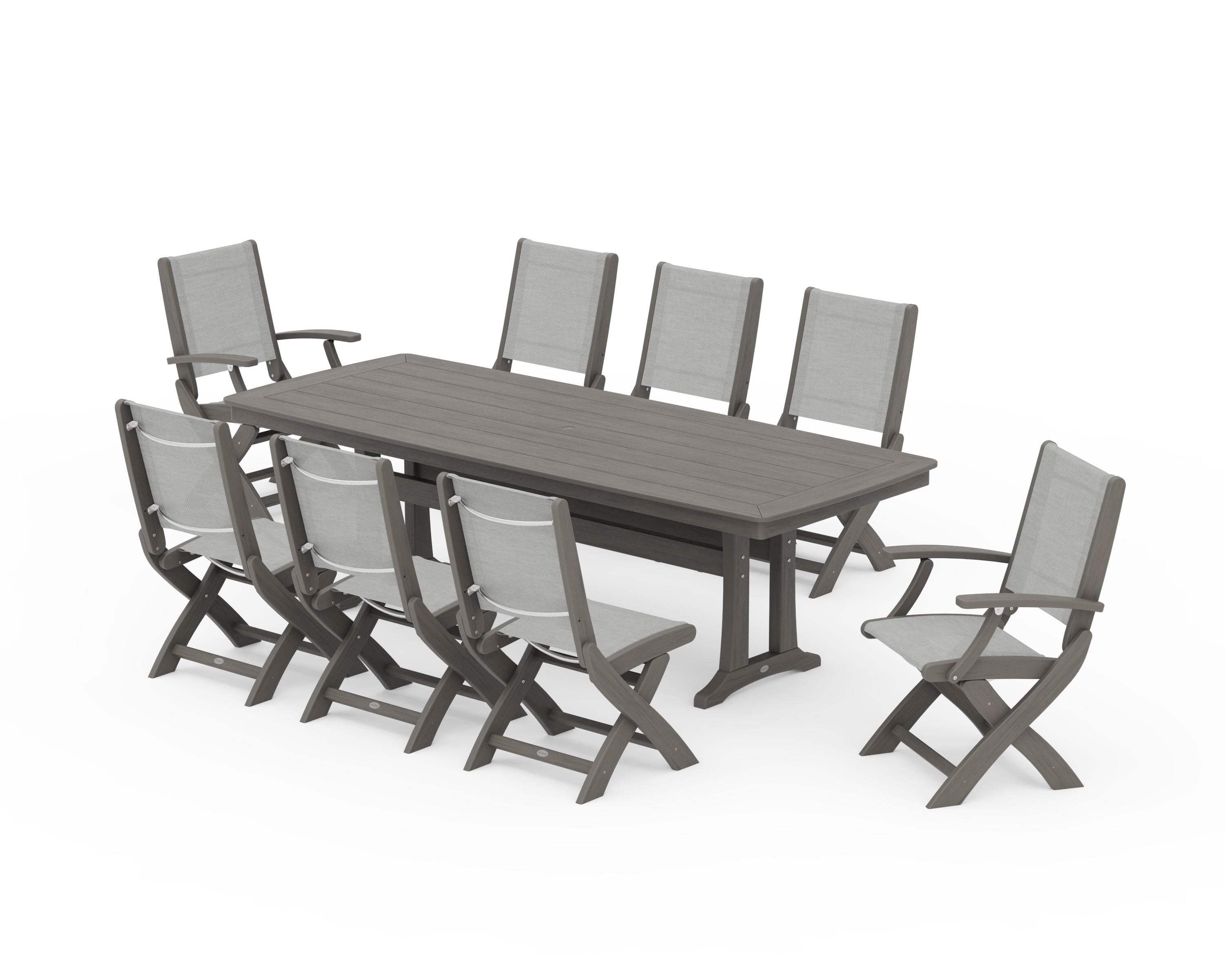 POLYWOOD Coastal Folding 9-Piece Dining Set with Trestle Legs in Driftwood / Metallic Sling