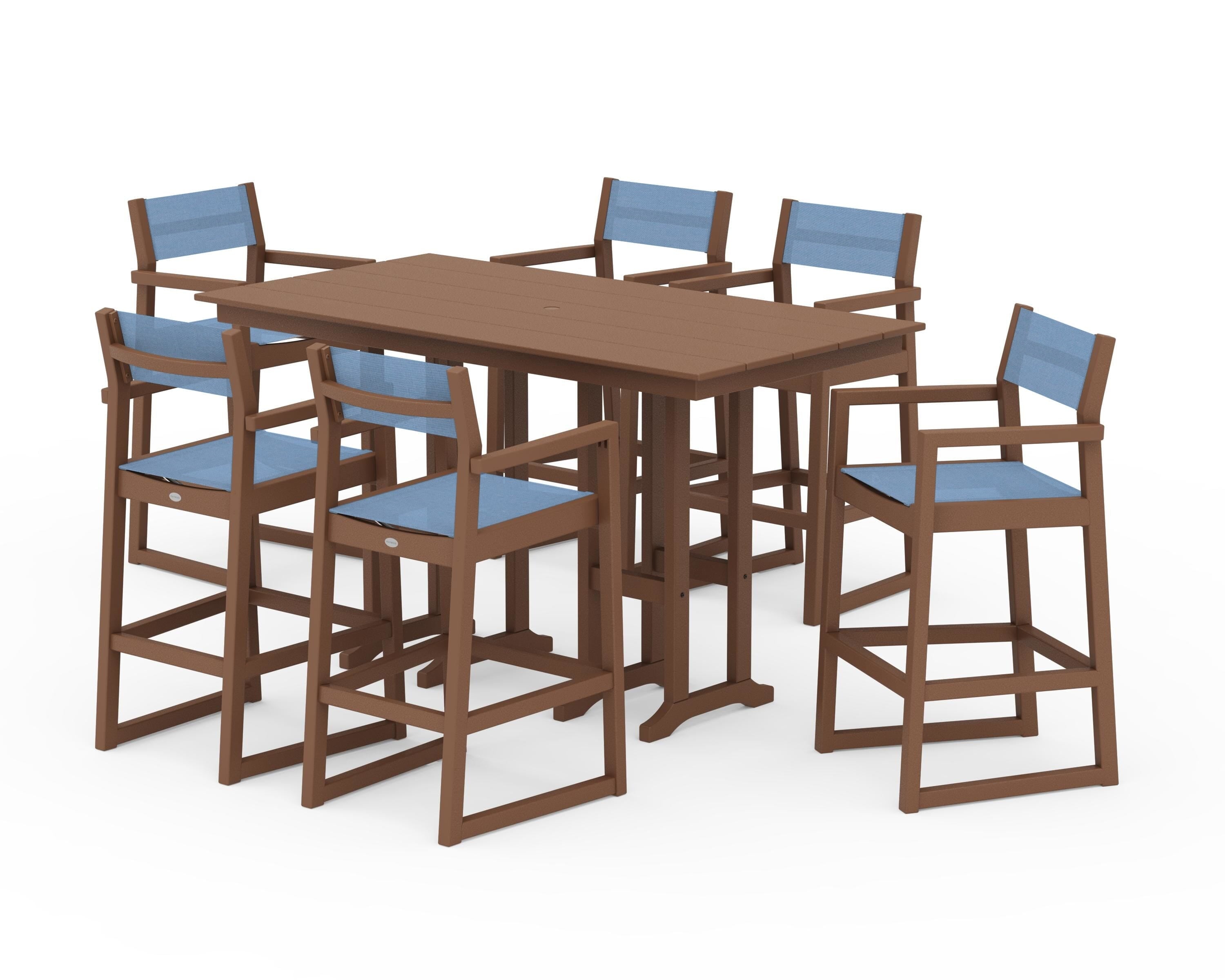 POLYWOOD EDGE Sling Arm Chair 7-Piece Farmhouse Bar Set in Teak / Poolside Sling