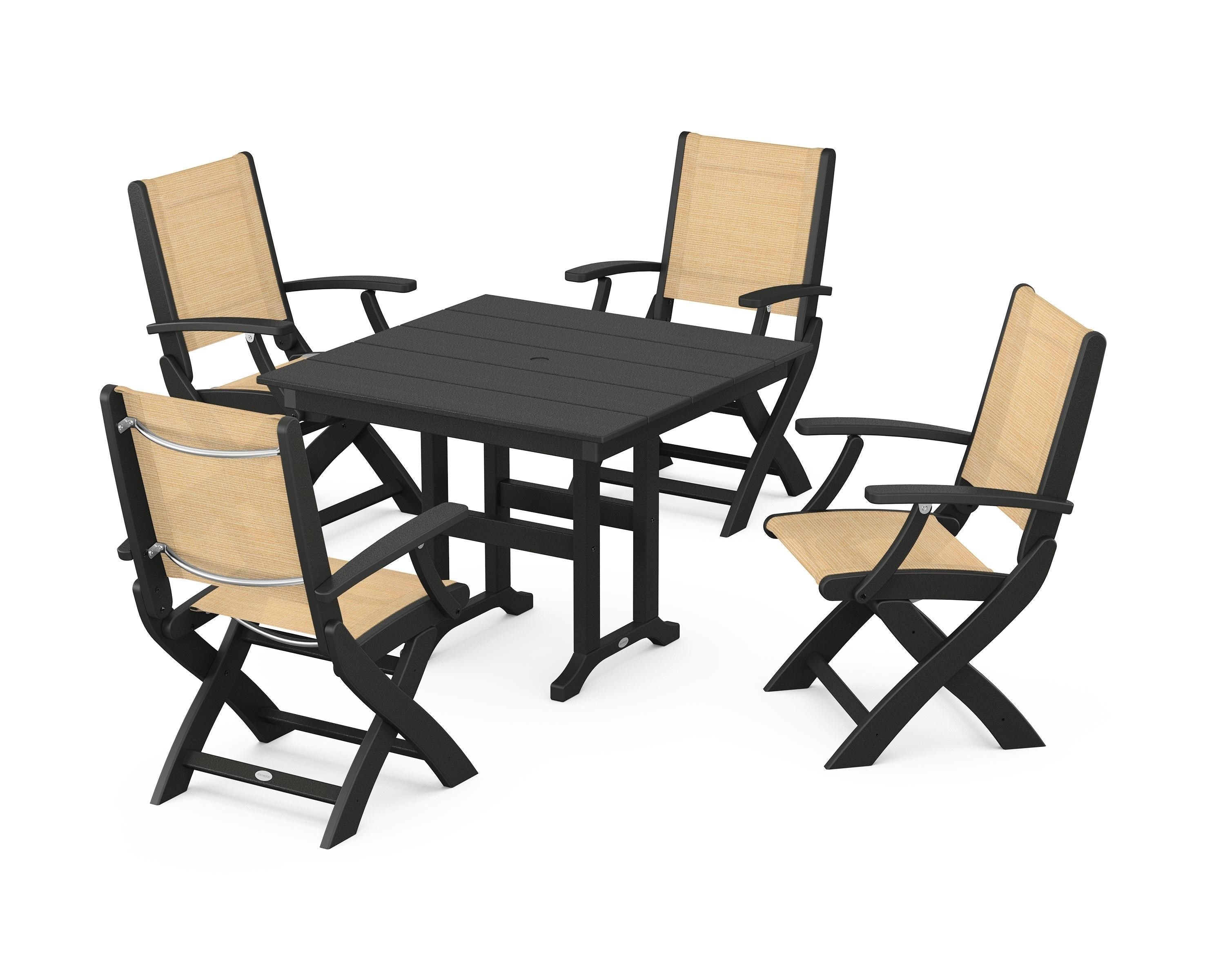 POLYWOOD Coastal Folding Chair 5-Piece Farmhouse Dining Set in Black / Dupioni Apricot Sling