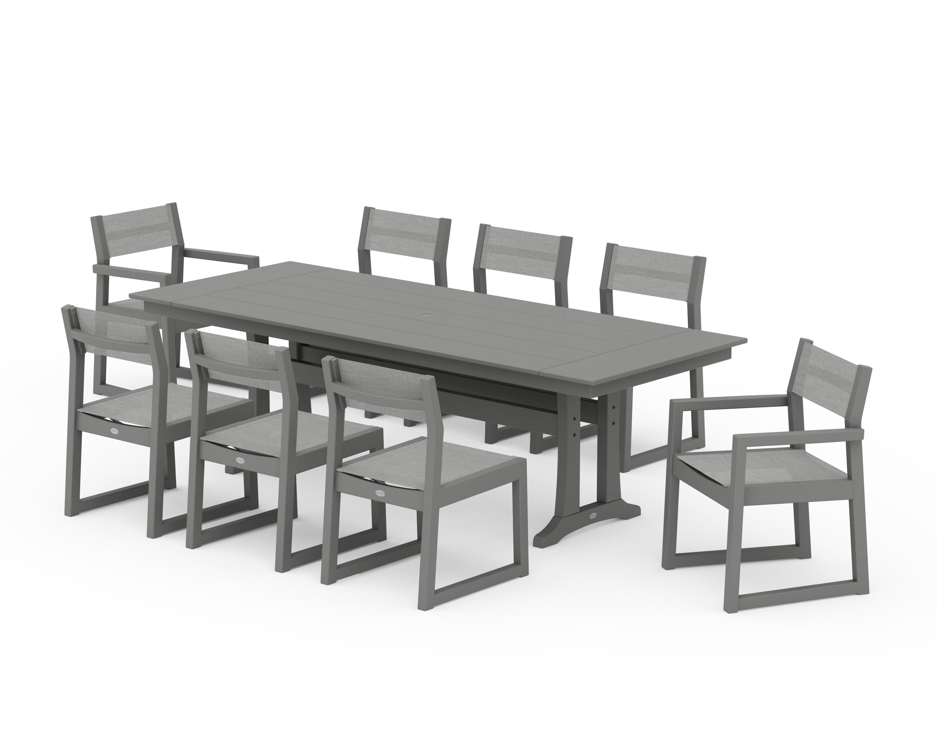 POLYWOOD EDGE Sling 9-Piece Farmhouse Trestle Dining Set in Slate Grey / Metallic Sling