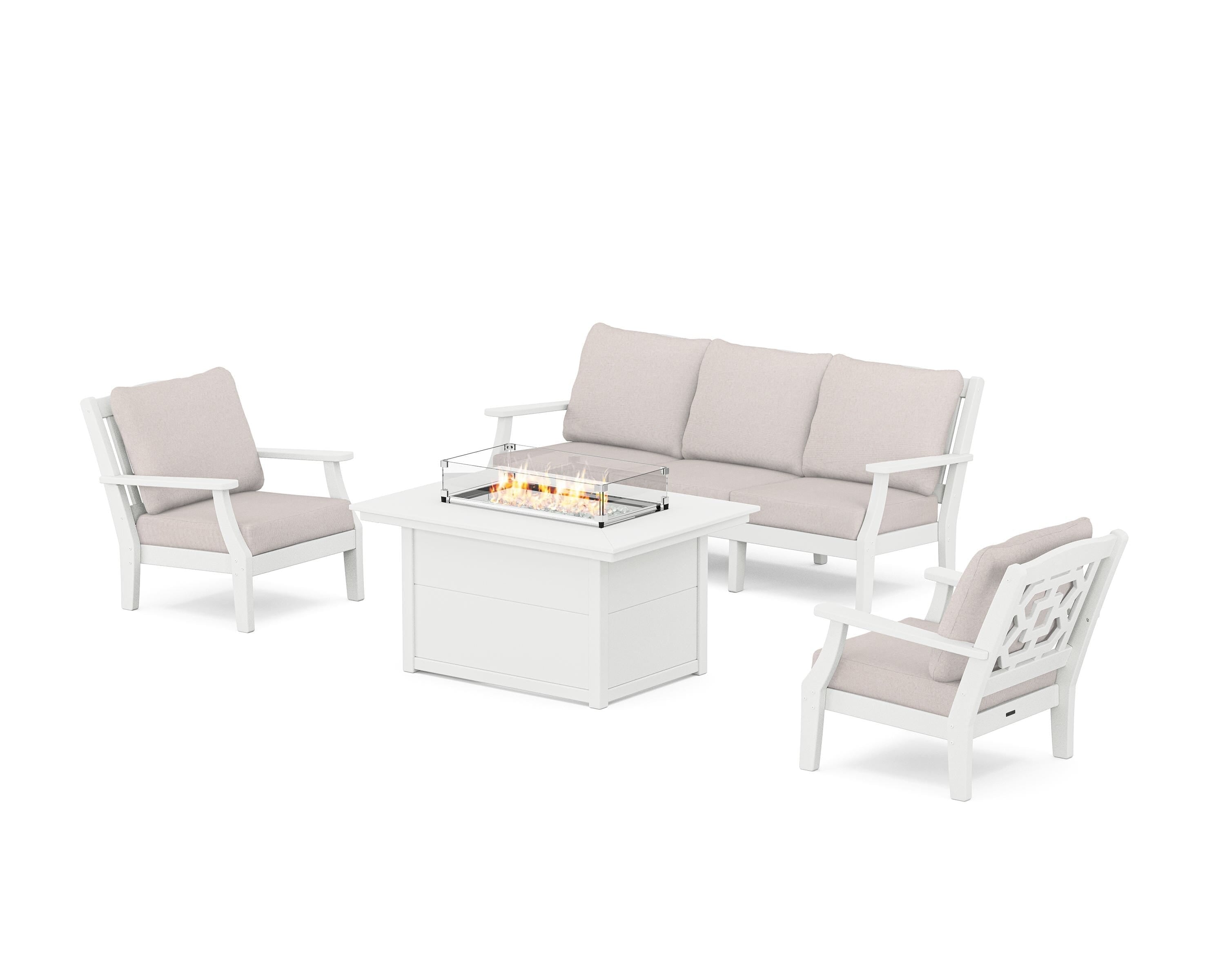 Martha Stewart by POLYWOOD Chinoiserie Deep Seating Fire Pit Table Set in White / Dune Burlap