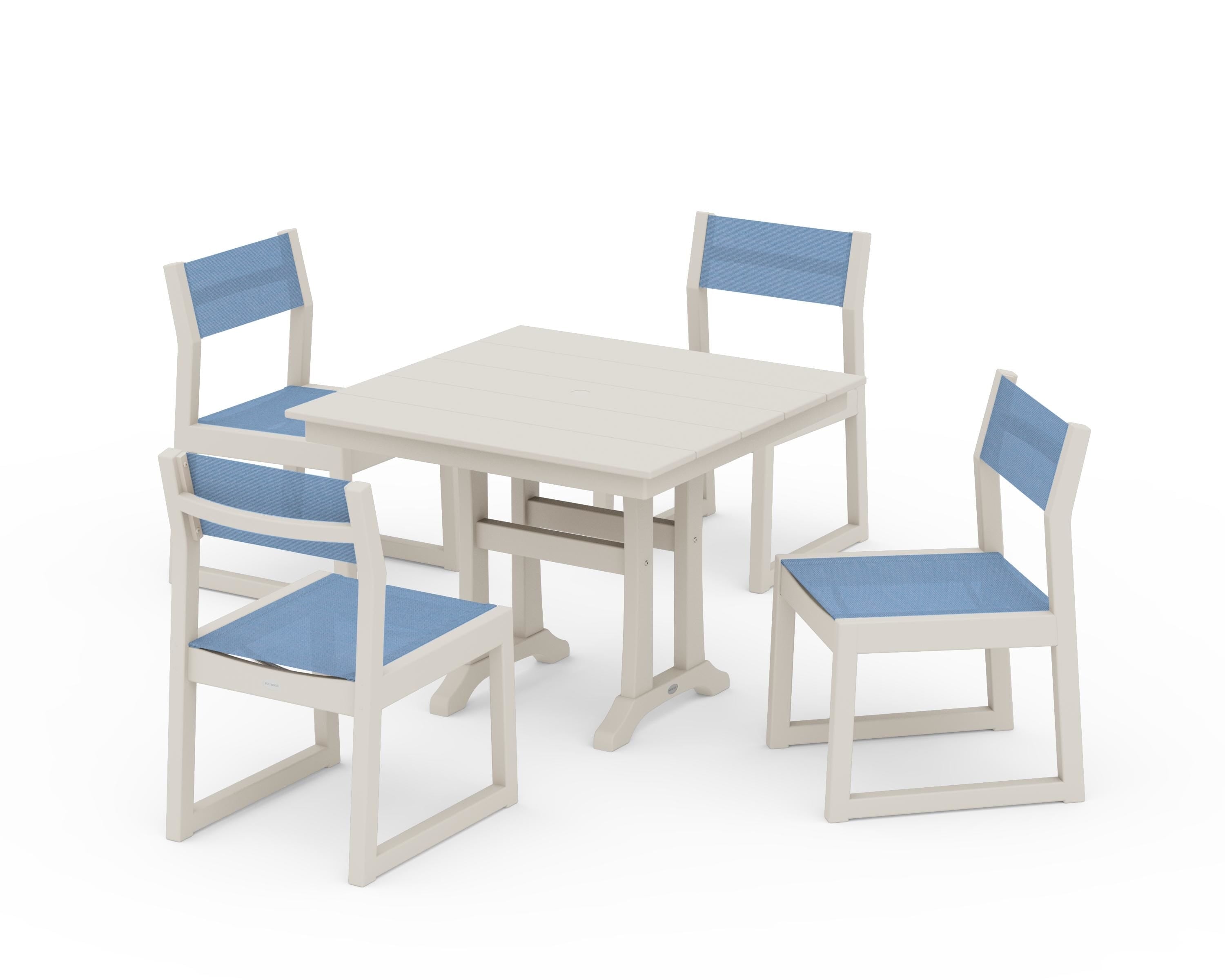 POLYWOOD EDGE Sling 5-Piece Farmhouse Trestle Side Chair Dining Set in Sand / Poolside Sling