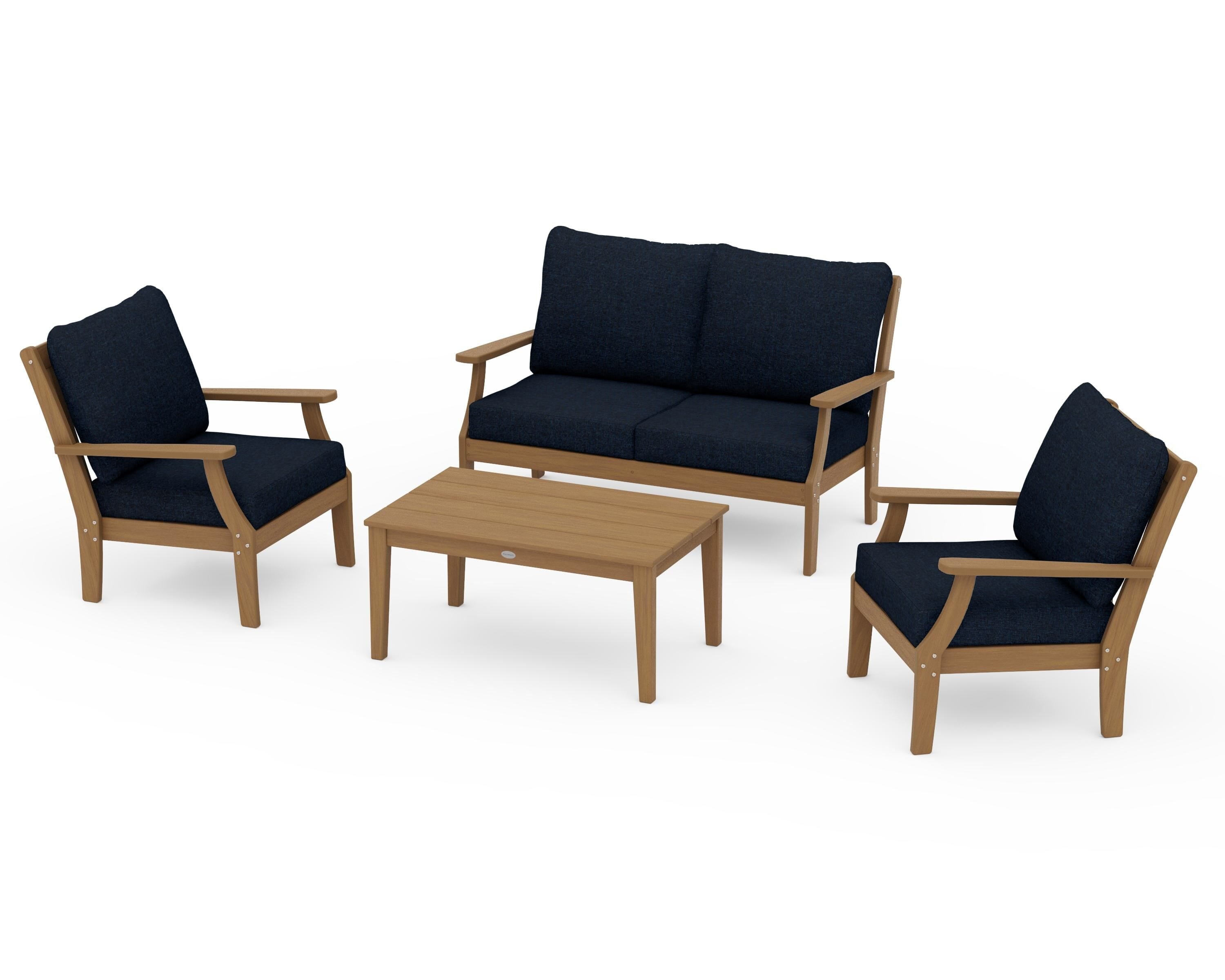 POLYWOOD Braxton 4-Piece Deep Seating Chair Set in Natural / Marine Indigo
