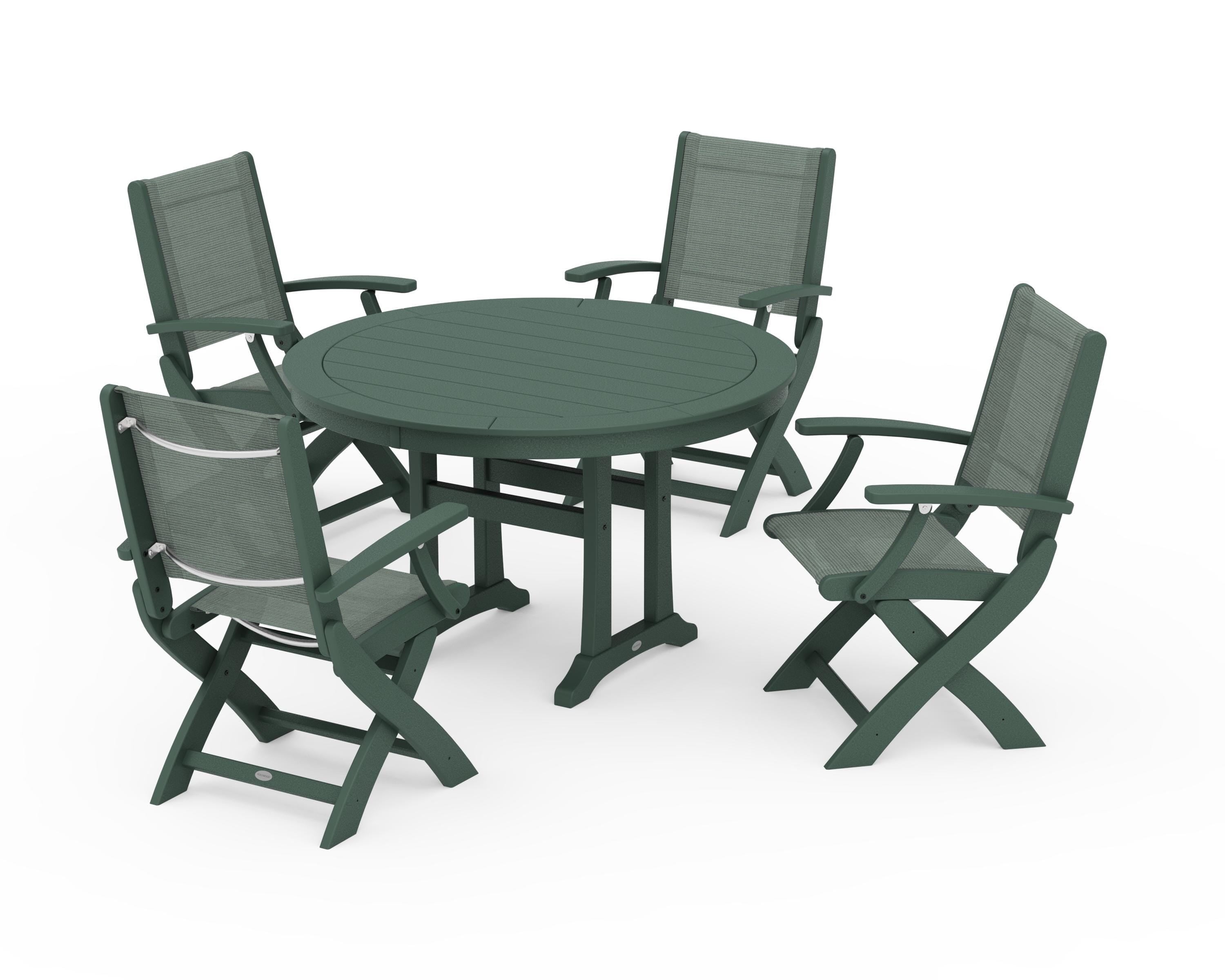 POLYWOOD Coastal Folding Chair 5-Piece Round Dining Set with Trestle Legs in Green / Dupioni Sea Mist Sling