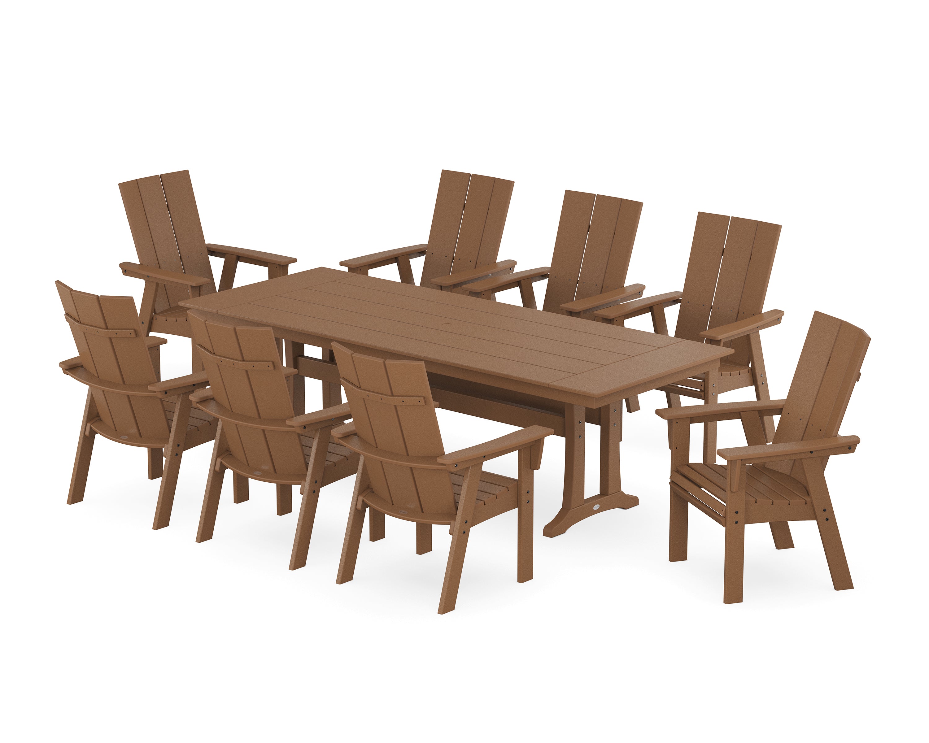 POLYWOOD® Modern Curveback Adirondack 9-Piece Farmhouse Dining Set with Trestle Legs in Teak