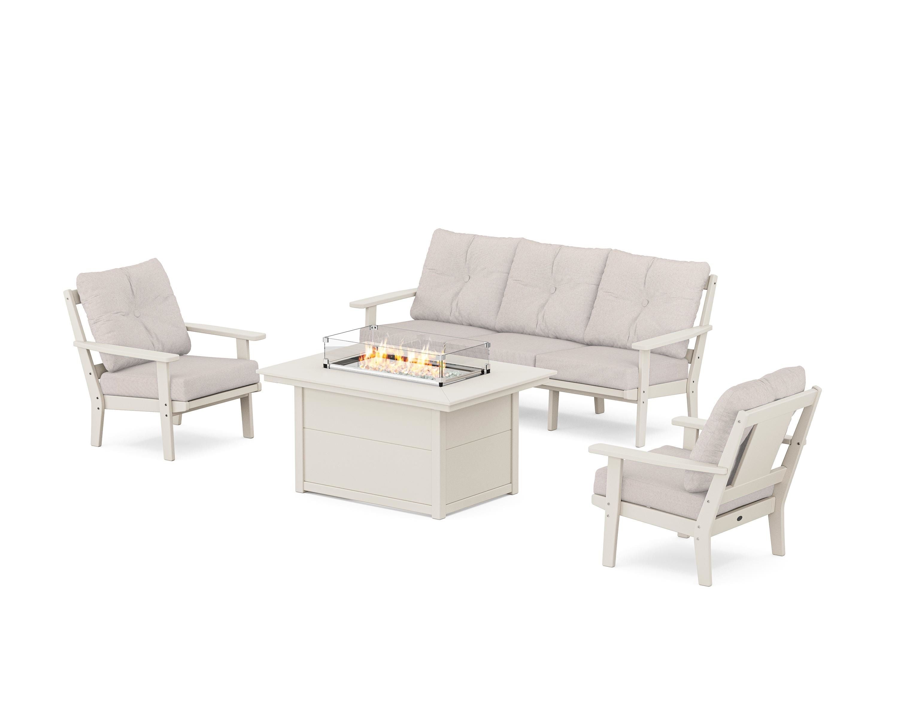 POLYWOOD Prairie Deep Seating Fire Pit Table Set in Sand / Dune Burlap