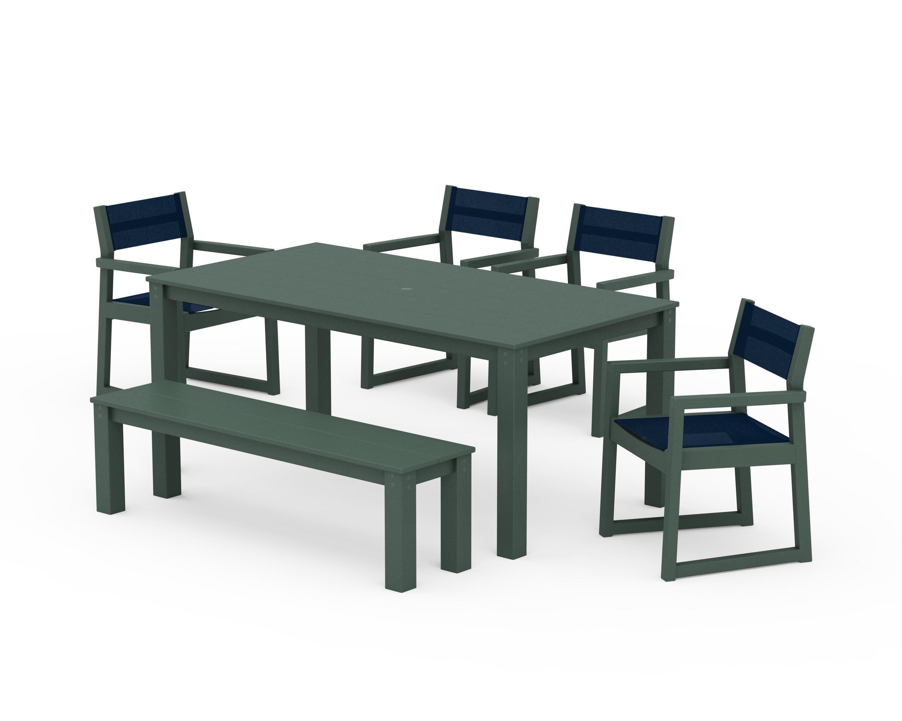 POLYWOOD EDGE Sling Arm Chair 6-Piece Parsons Dining Set with Bench in Green / Navy Blue Sling