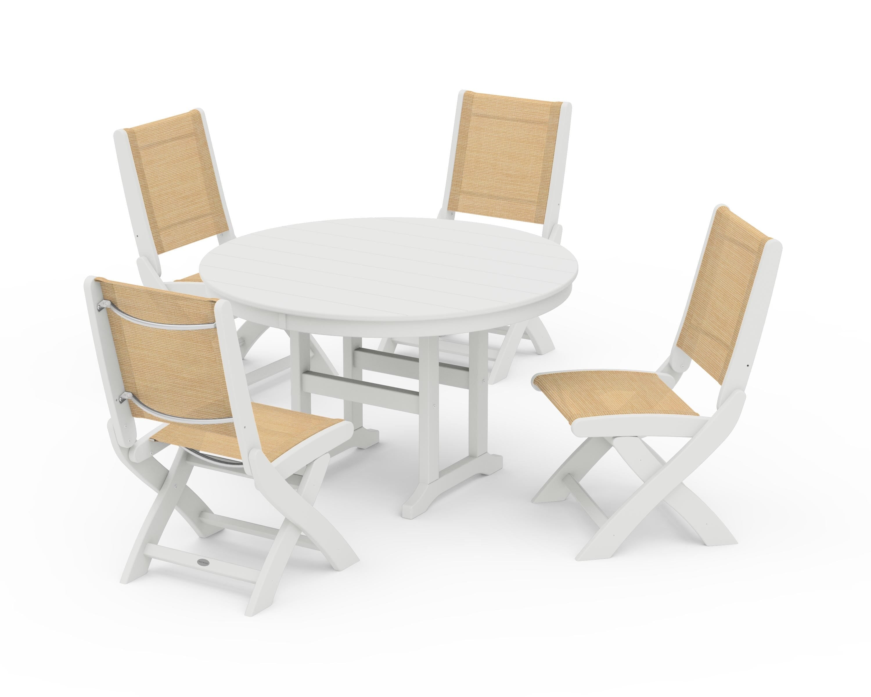 POLYWOOD Coastal Folding Side Chair 5-Piece Round Dining Set in Vintage White / Dupioni Apricot Sling