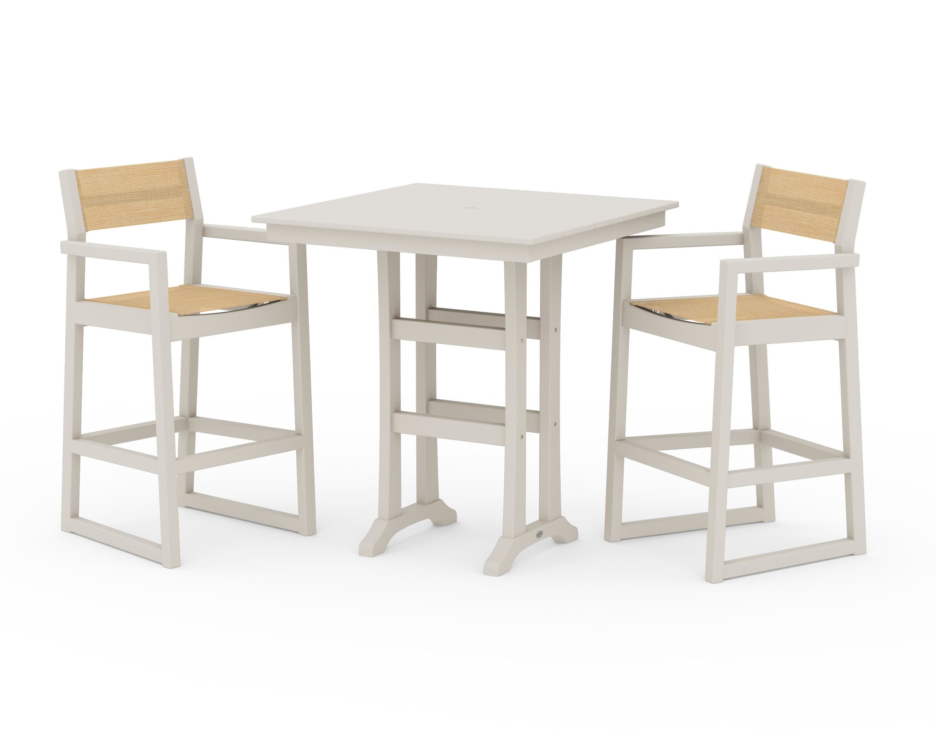 POLYWOOD EDGE Sling Arm Chair 3-Piece Farmhouse Bar Set with Trestle Legs in Sand / Dupioni Apricot Sling