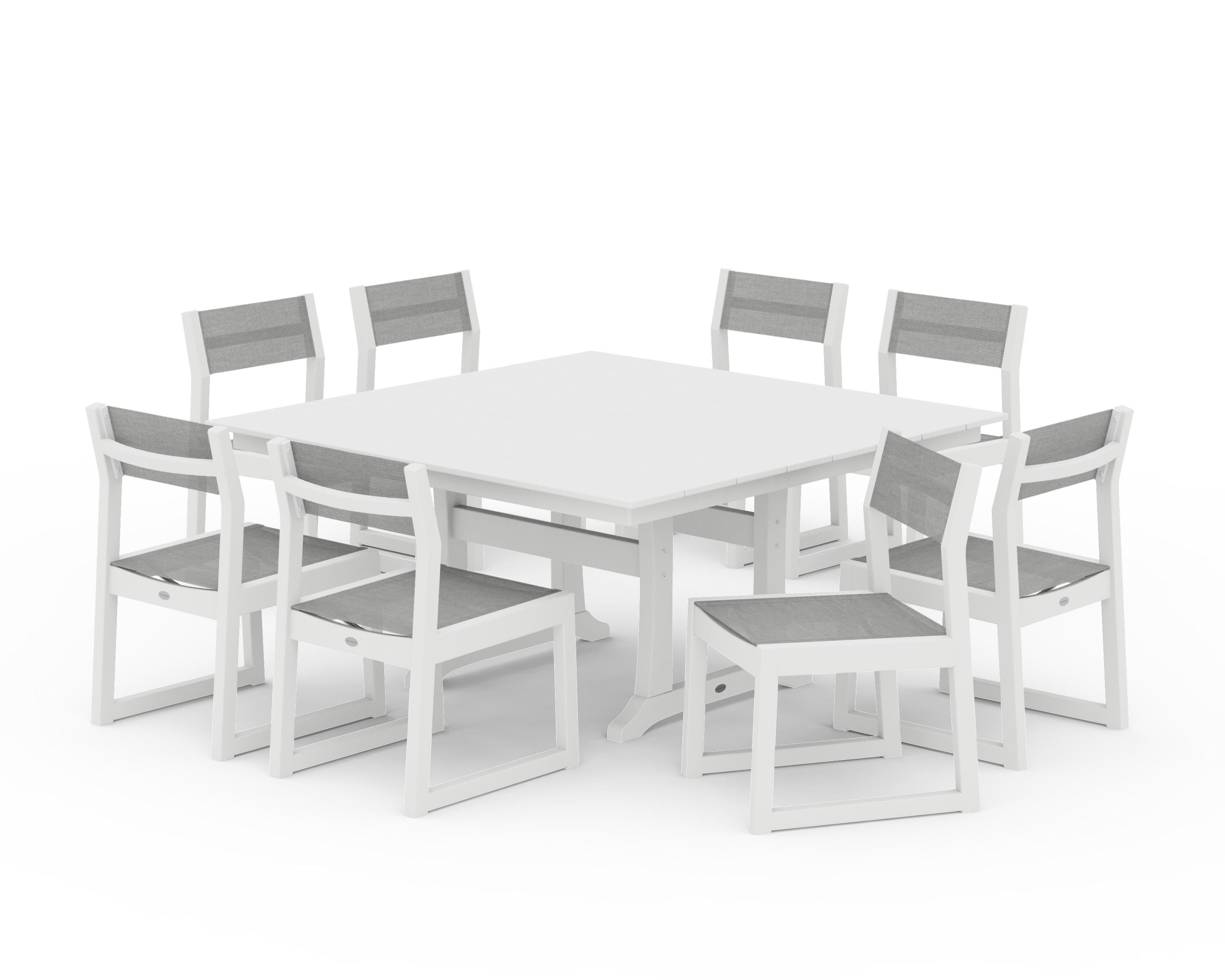 POLYWOOD EDGE Sling Side Chair 9-Piece Farmhouse Trestle Dining Set in White / Metallic Sling