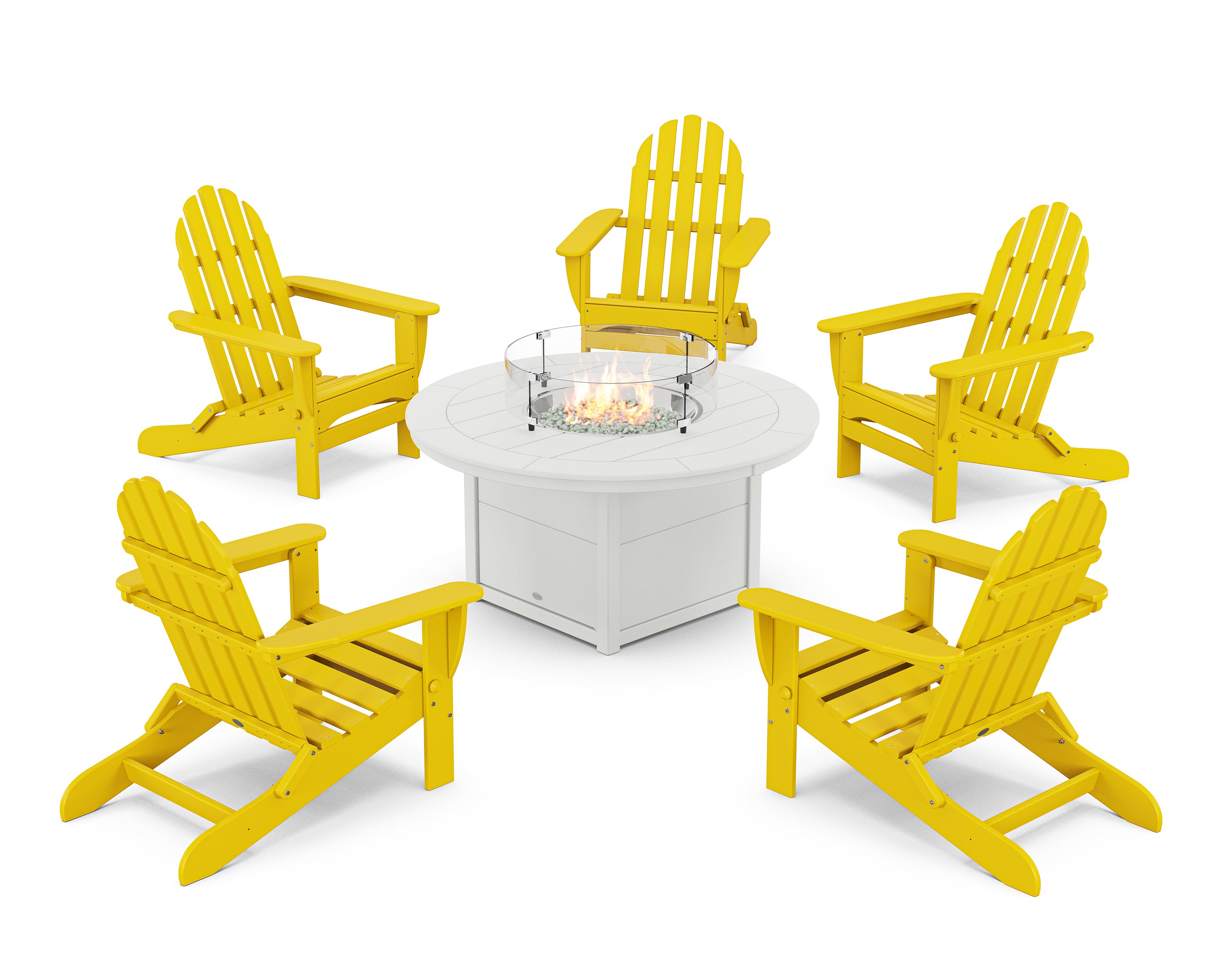 POLYWOOD® Classic Folding Adirondack 6-Piece Conversation Set with Fire Pit Table in Lemon / White