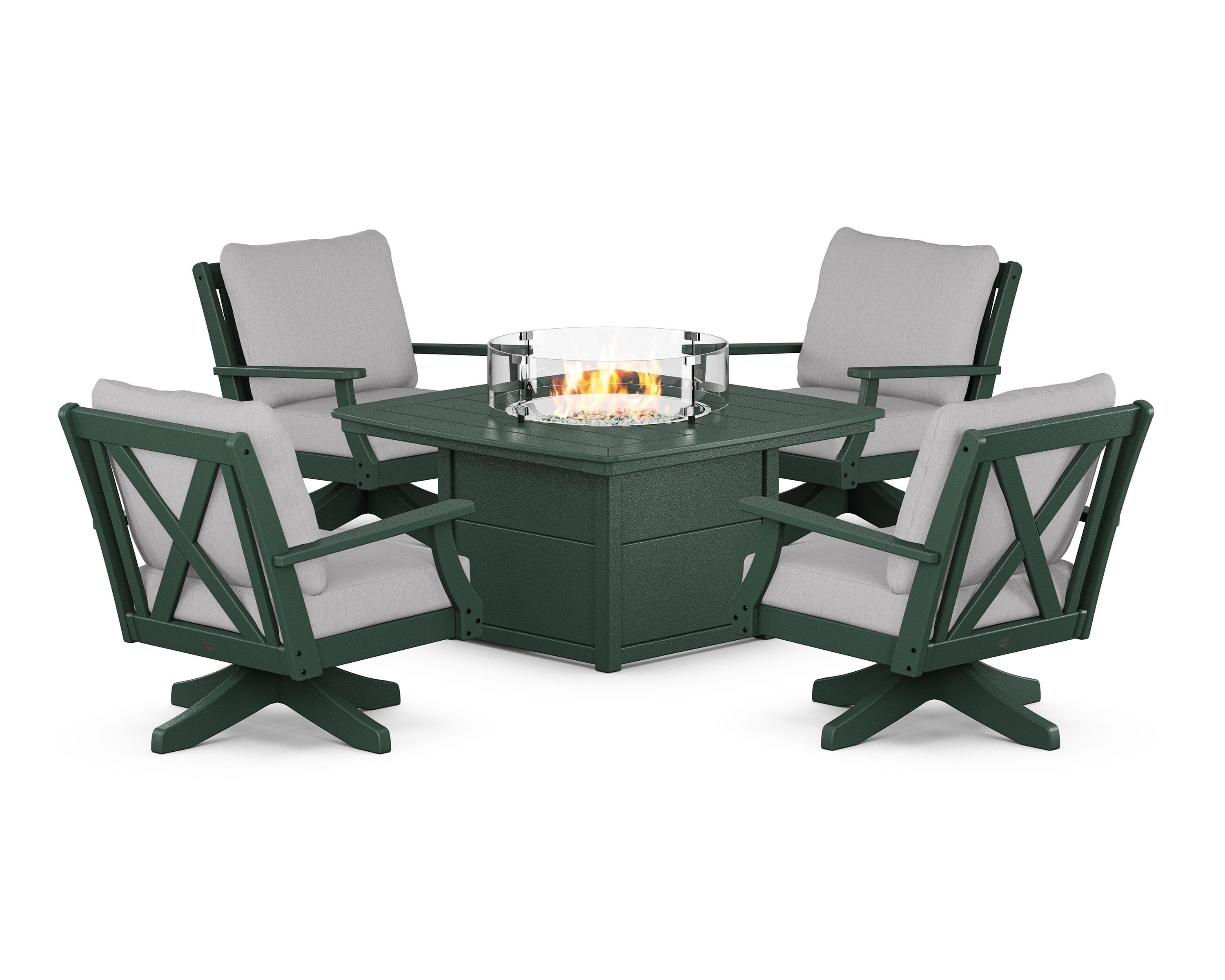 POLYWOOD Braxton 5-Piece Deep Seating Swivel Conversation Set with Fire Pit Table in Green / Granite