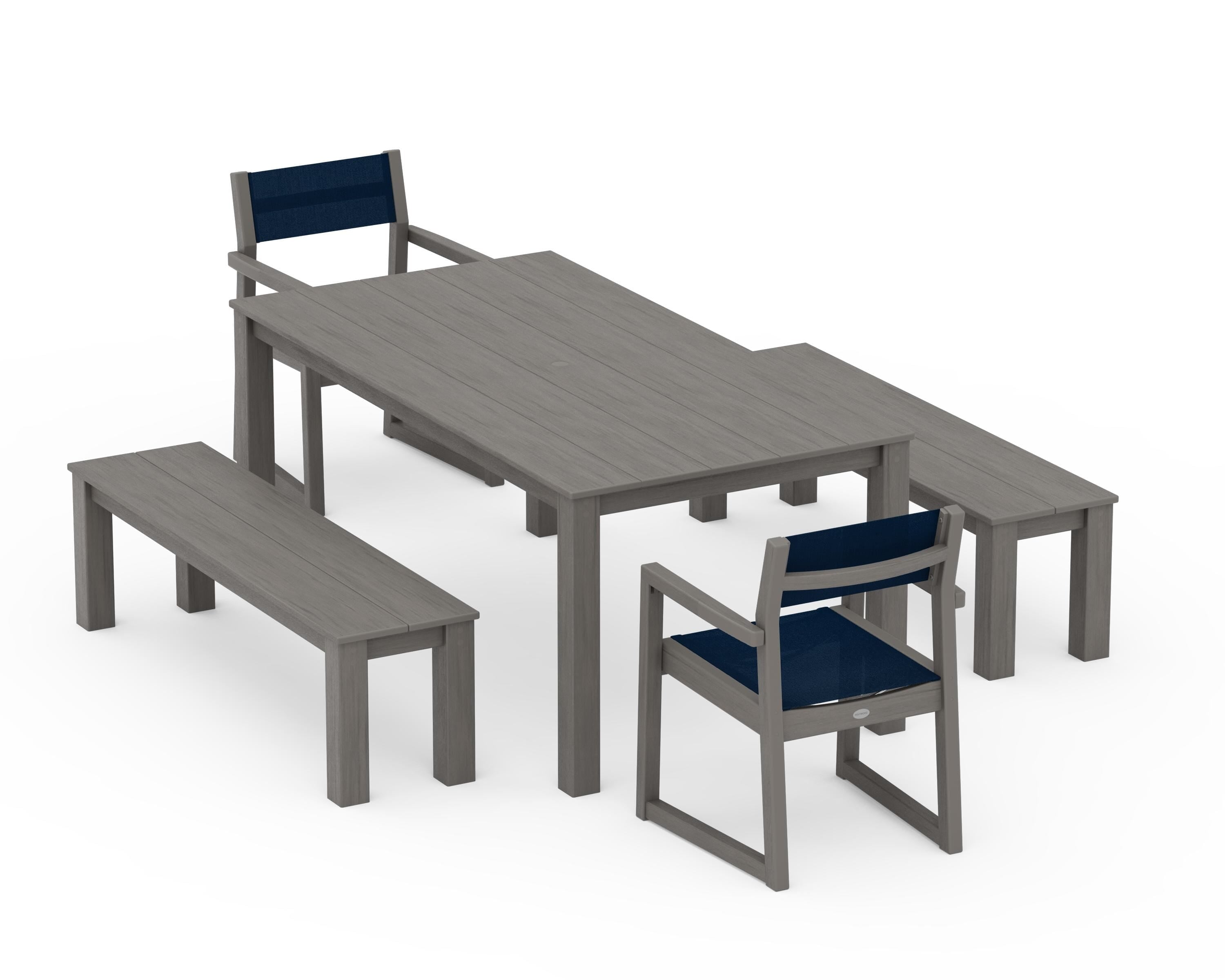 POLYWOOD EDGE Sling Arm Chair 5-Piece Parsons Dining Set with Benches in Driftwood / Navy Blue Sling