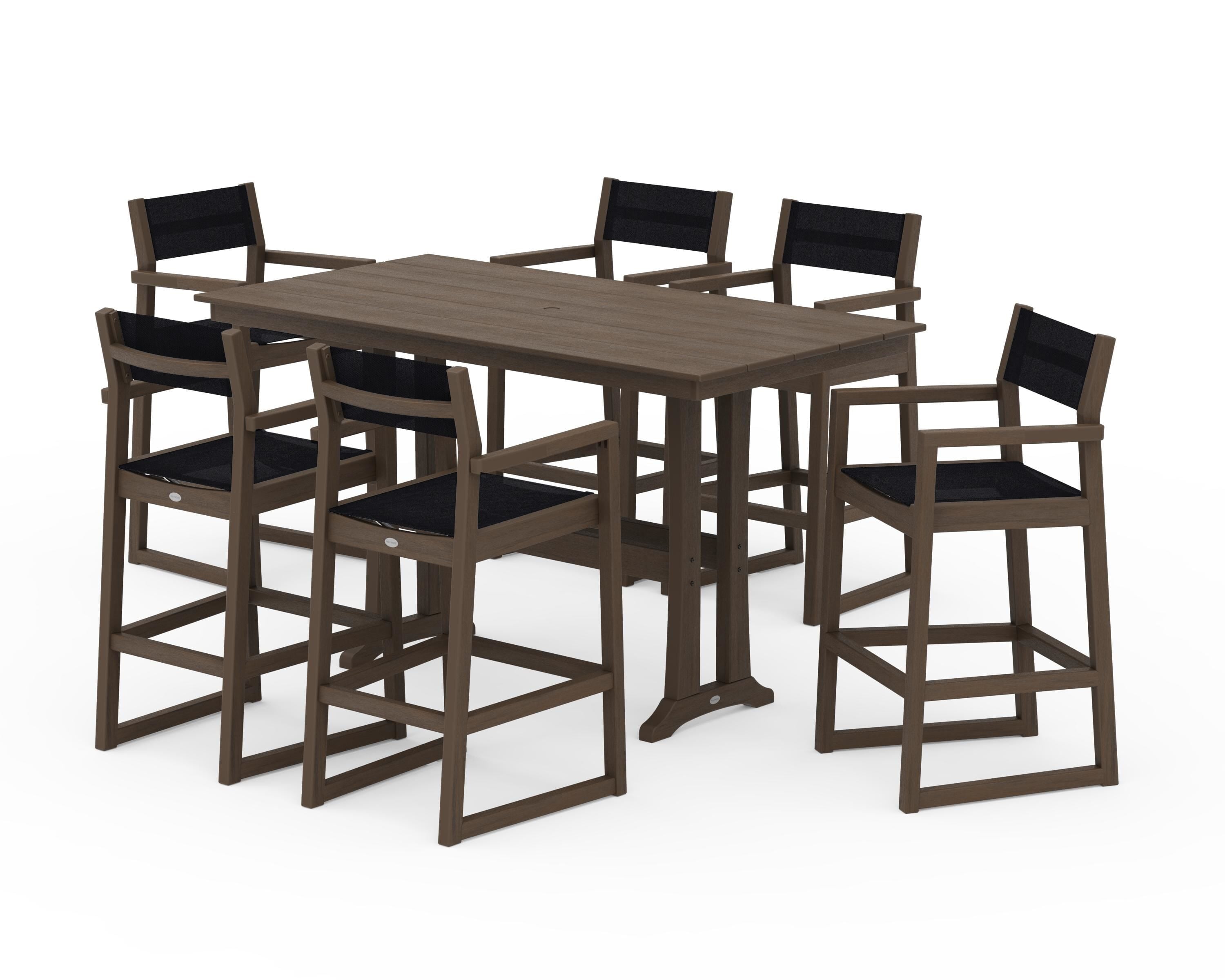 POLYWOOD EDGE Sling Arm Chair 7-Piece Farmhouse Bar Set with Trestle Legs in Kona / Black Sling