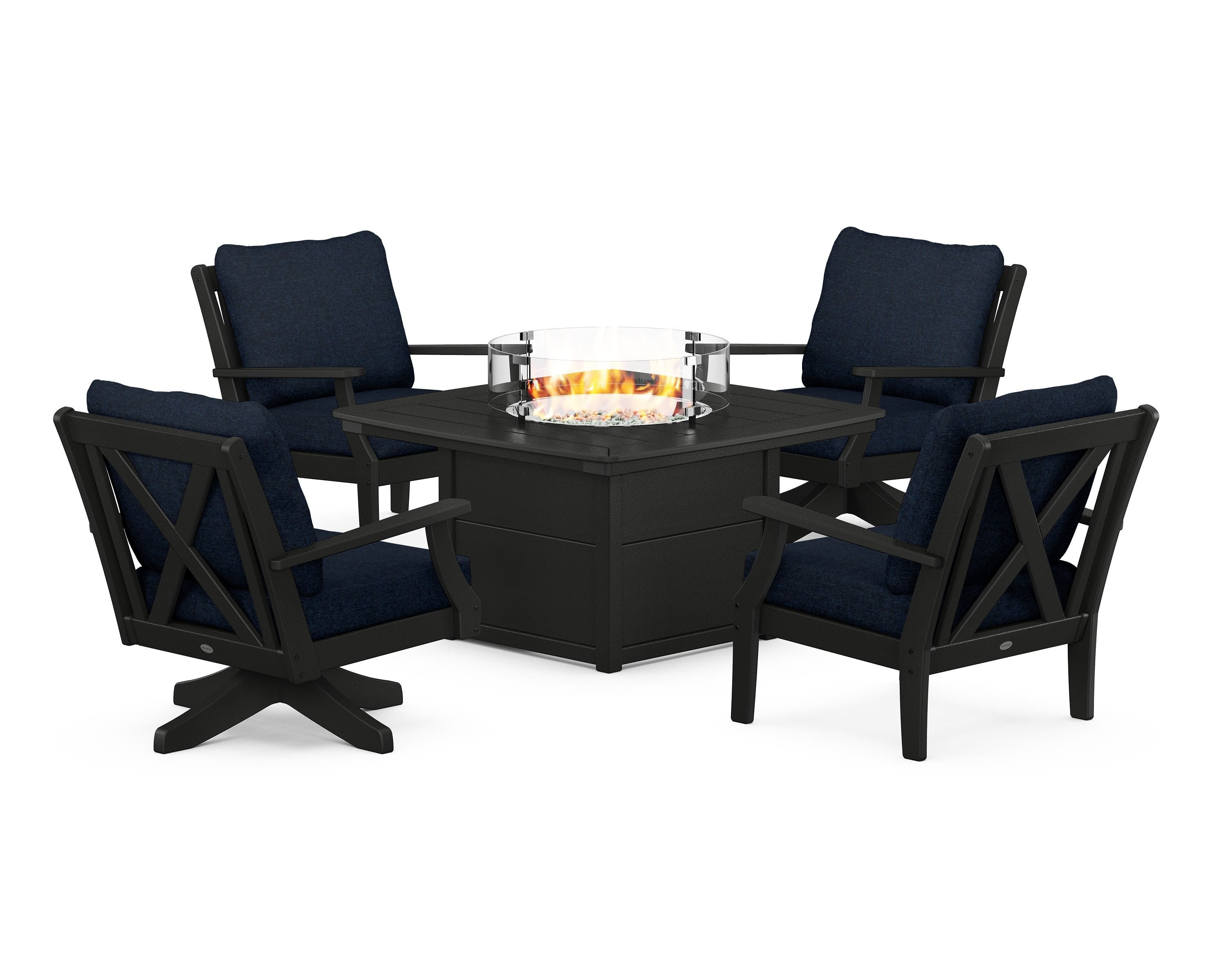 POLYWOOD Braxton 5-Piece Deep Seating Set with Fire Table in Black / Marine Indigo