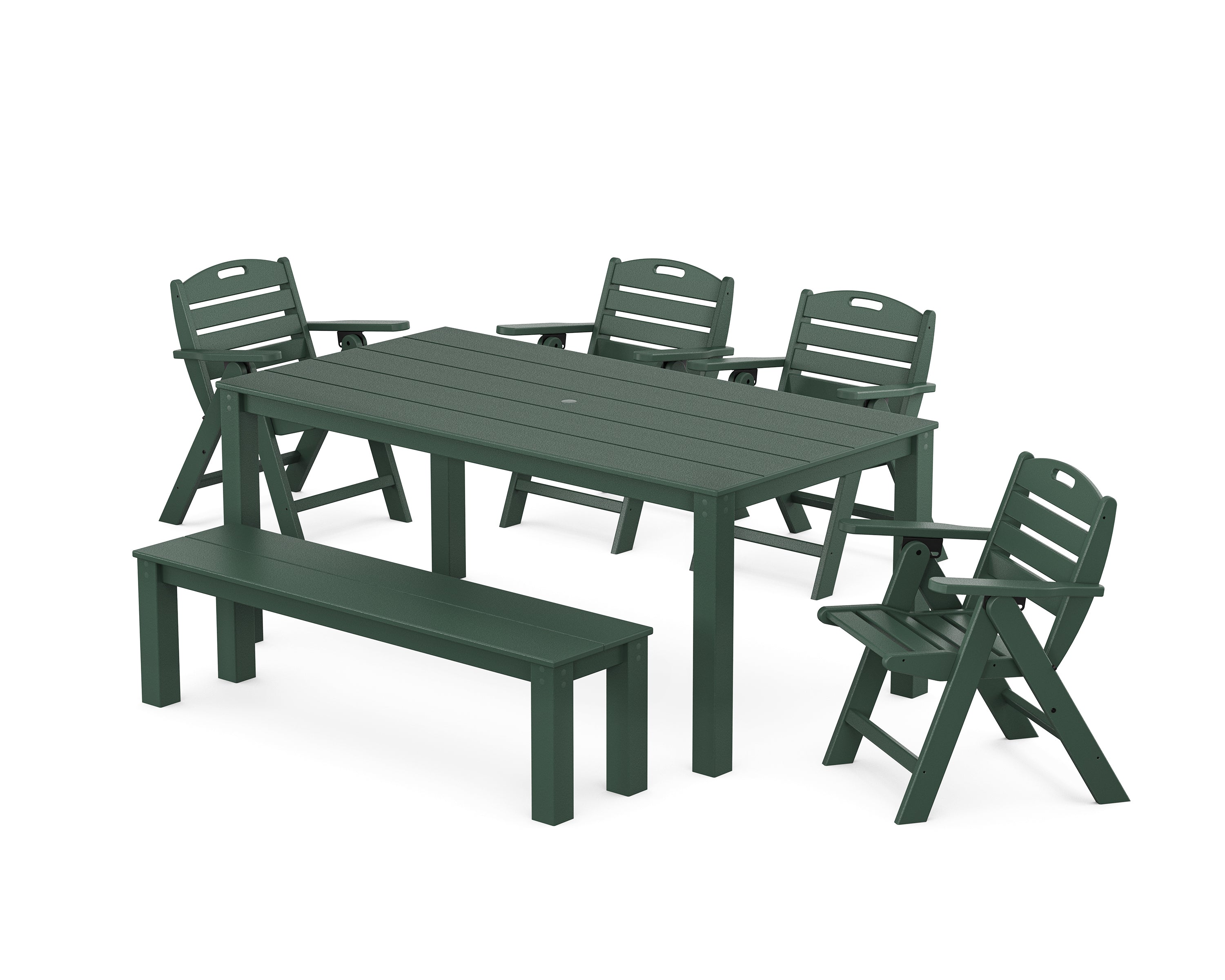 POLYWOOD Nautical Folding Lowback Chair 6-Piece Parsons Dining Set with Bench in Green