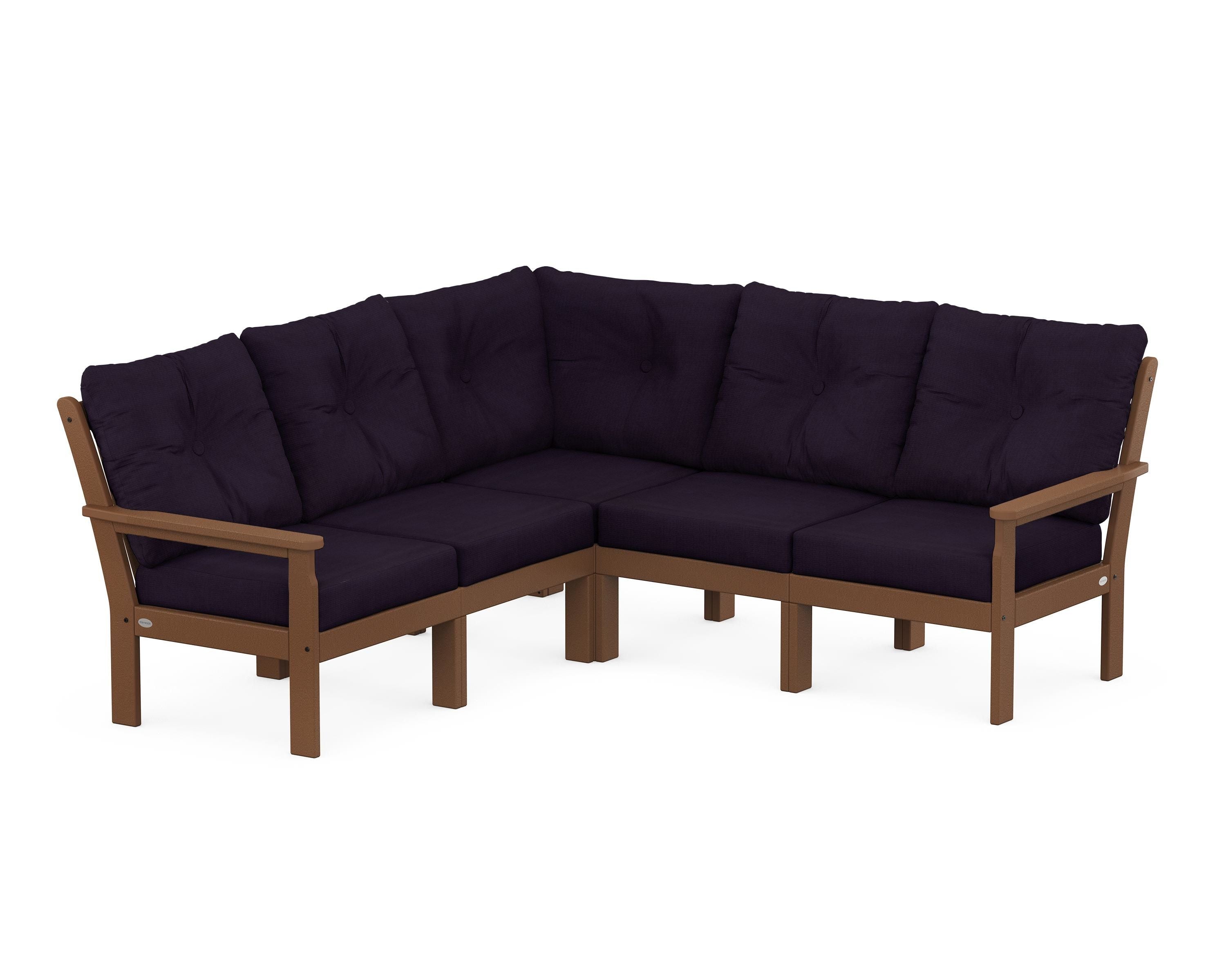 POLYWOOD Vineyard 5-Piece Sectional in Teak / Navy Linen