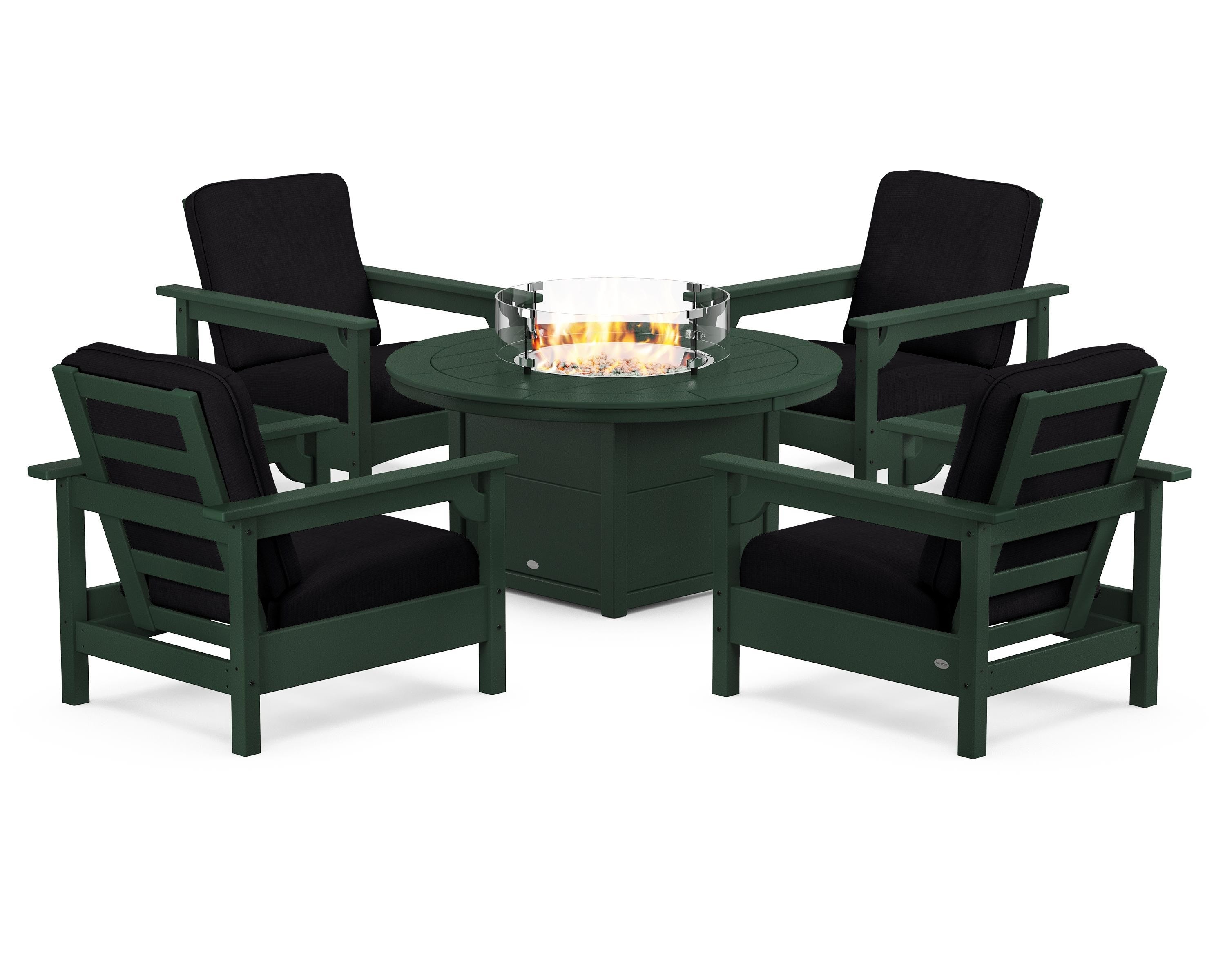 POLYWOOD Club 5-Piece Conversation Set with Fire Pit Table in Green / Midnight Linen