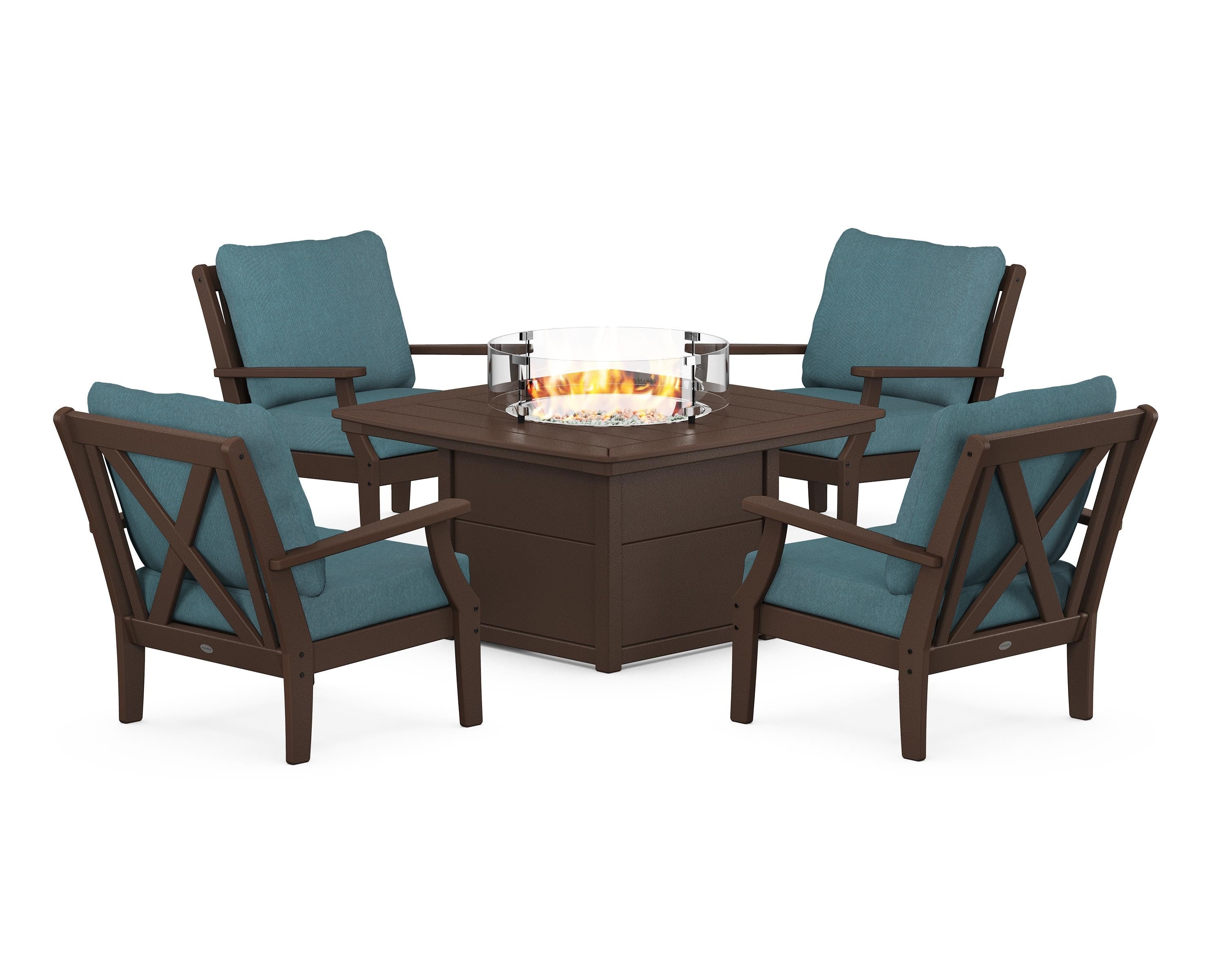 POLYWOOD Braxton 5-Piece Deep Seating Conversation Set with Fire Pit Table in Mahogany / Ocean Teal
