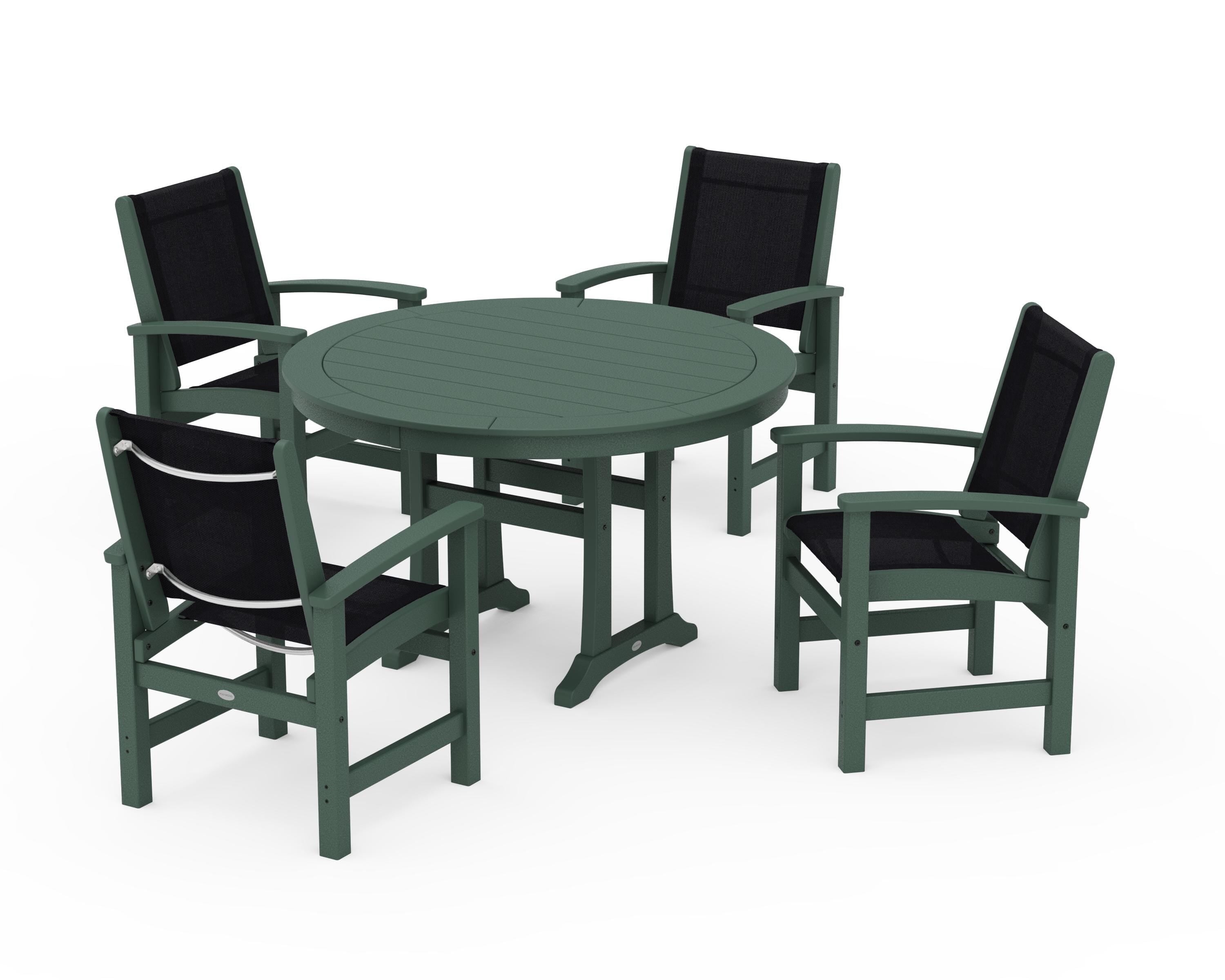 POLYWOOD Coastal 5-Piece Round Dining Set with Trestle Legs in Green / Black Sling