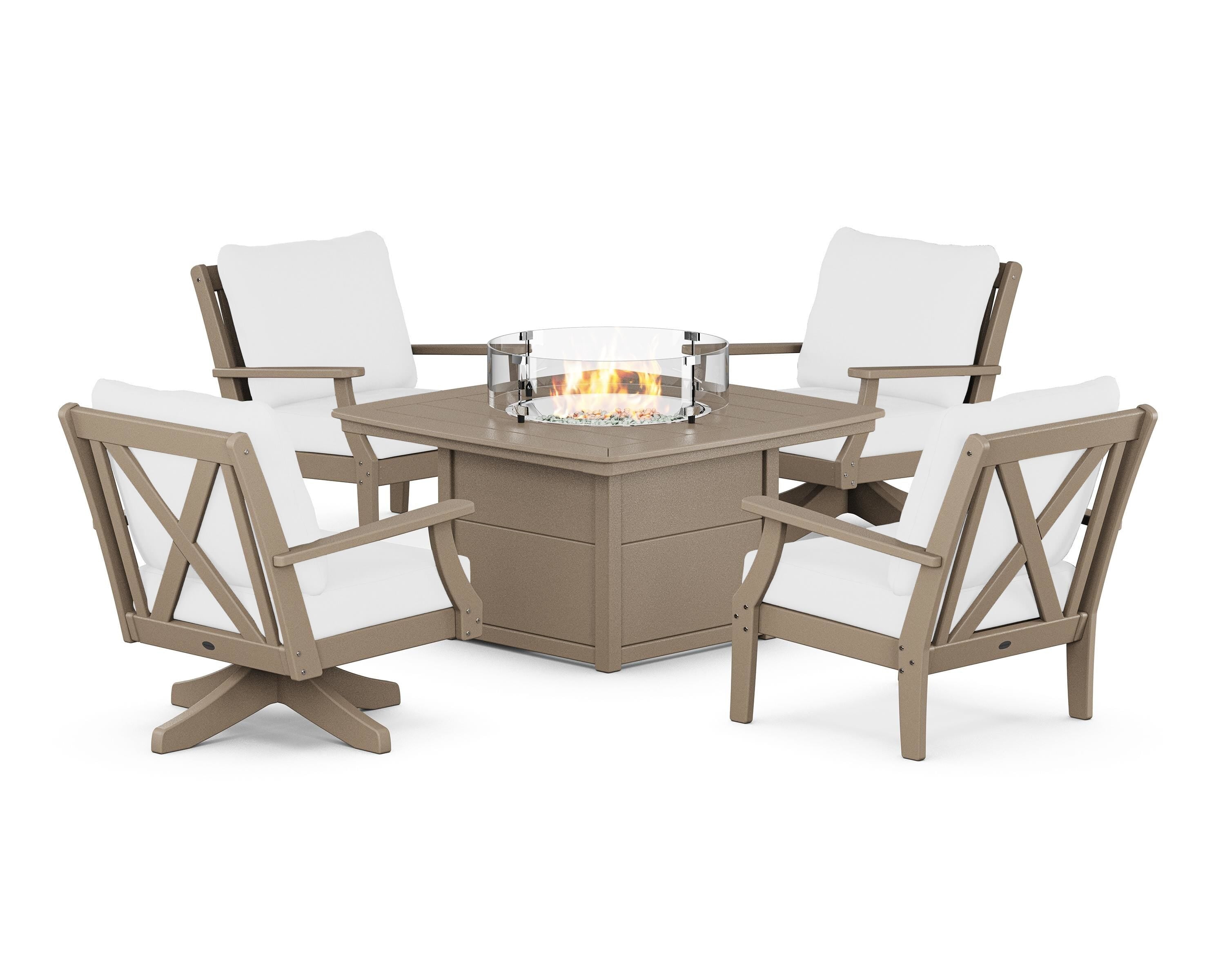 POLYWOOD Braxton 5-Piece Deep Seating Set with Fire Table in Sand / Natural
