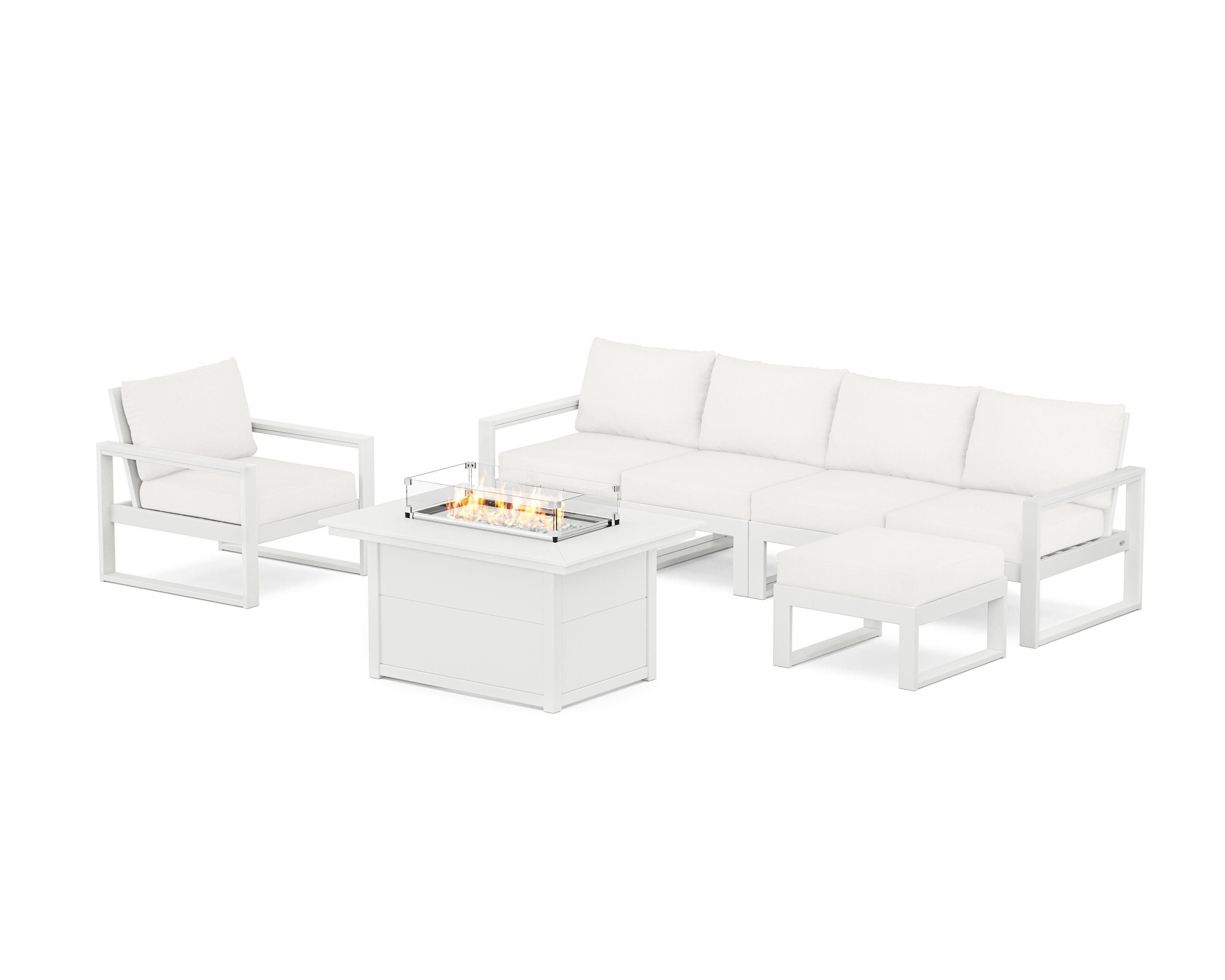 POLYWOOD EDGE Sectional Lounge and Fire Pit Set in White / Natural Linen