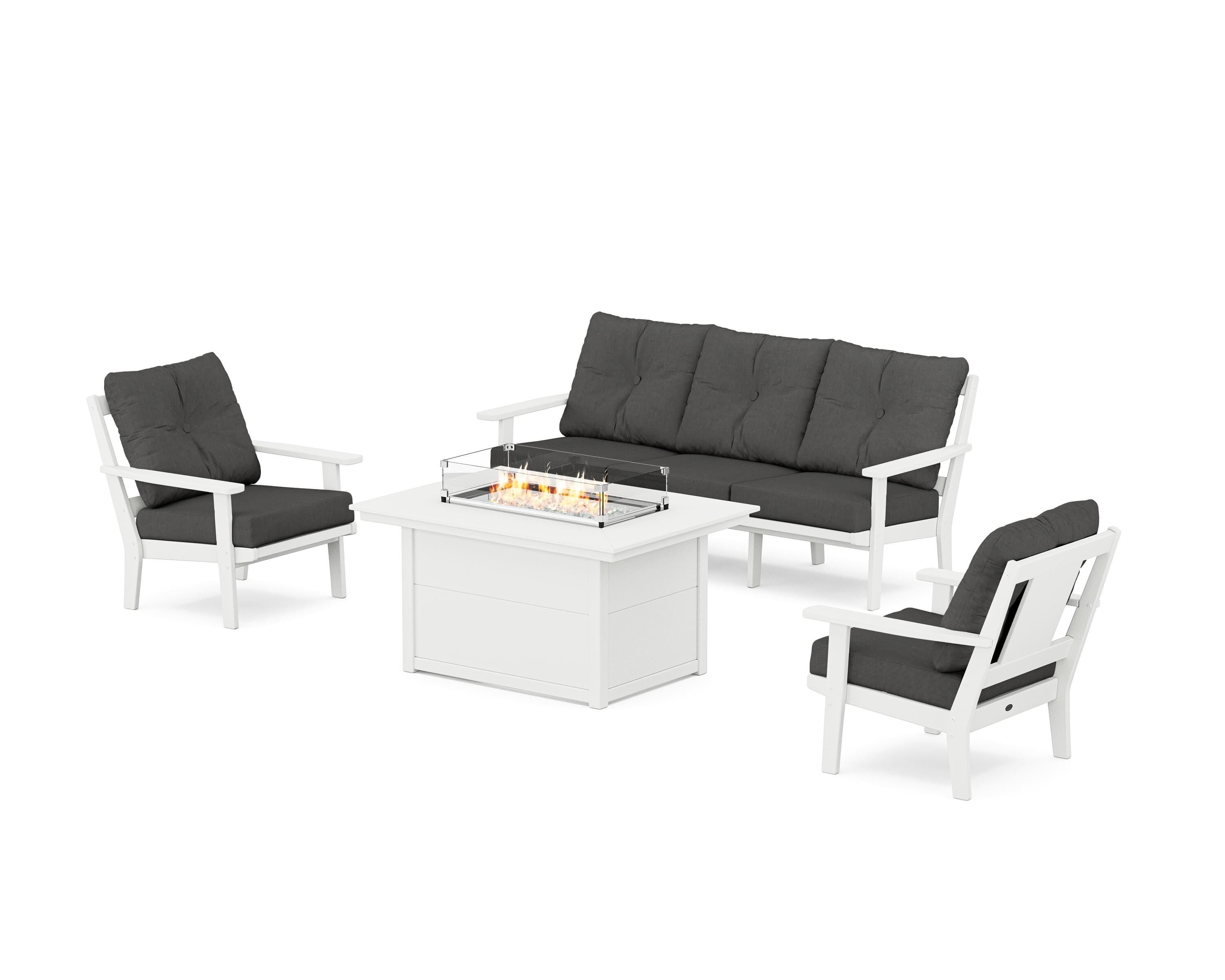 POLYWOOD Prairie Deep Seating Fire Pit Table Set in White / Spectrum Carbon