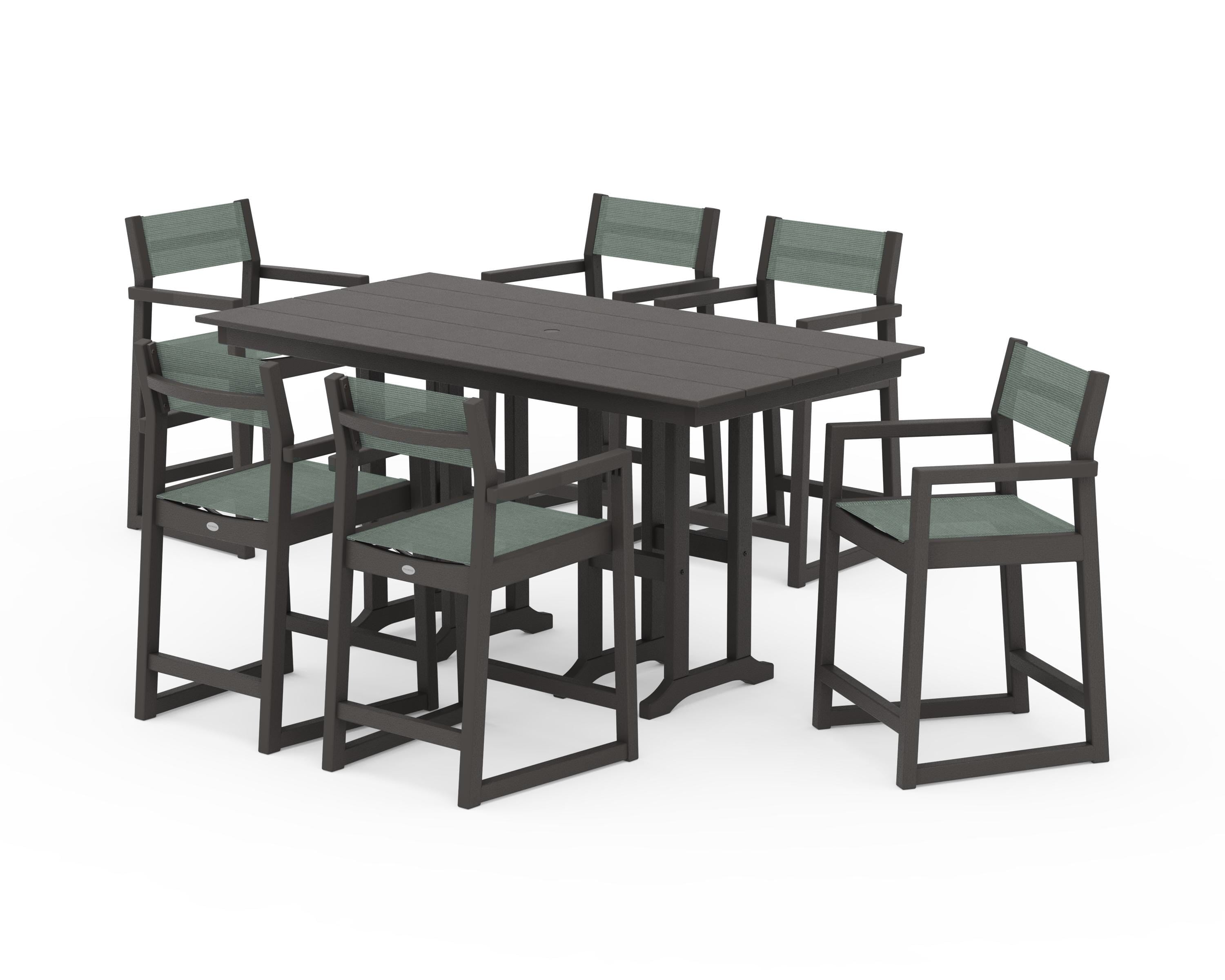 POLYWOOD EDGE Sling Arm Chair 7-Piece Farmhouse Counter Set in Vintage Coffee / Dupioni Sea Mist Sling