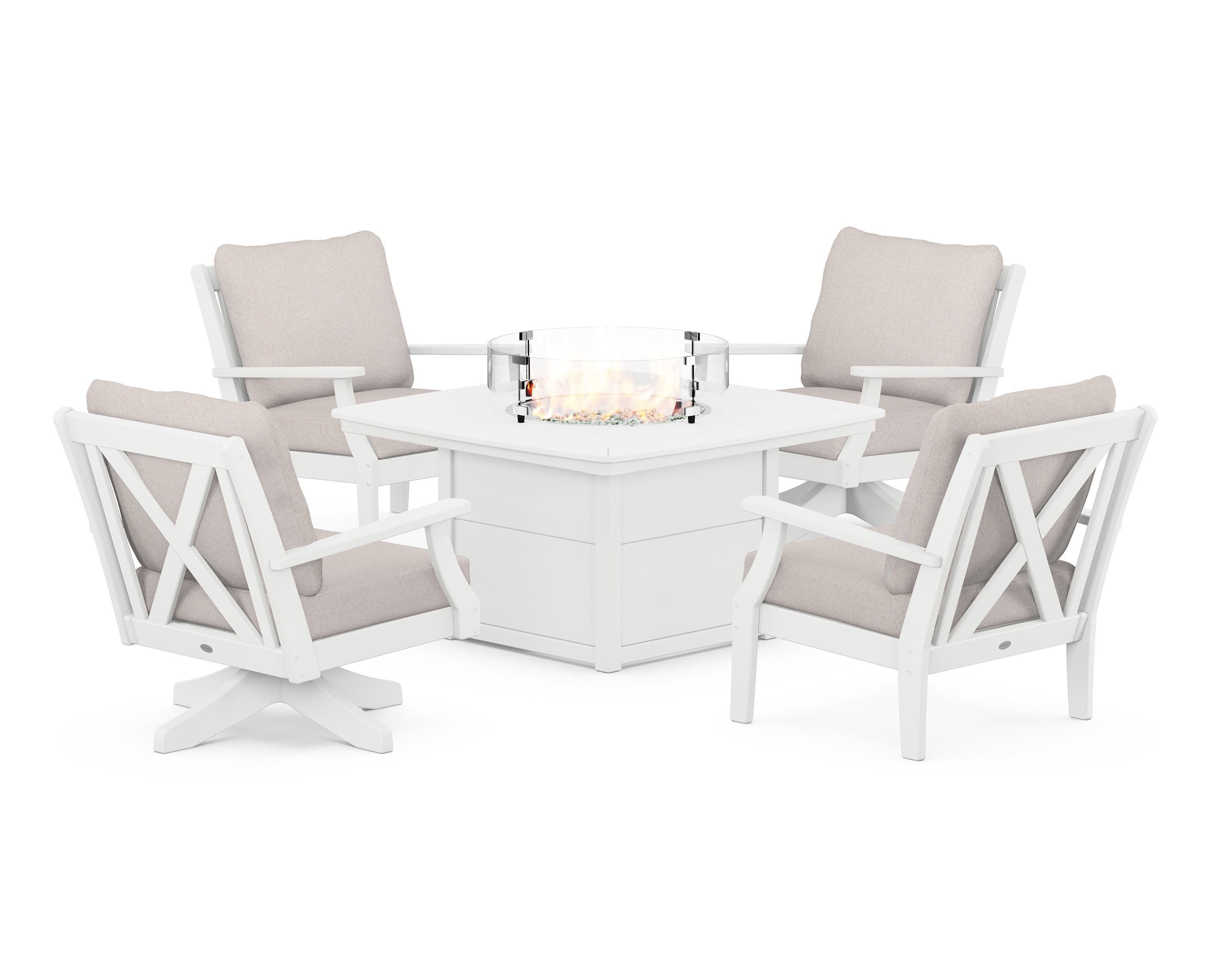 POLYWOOD Braxton 5-Piece Deep Seating Set with Fire Table in White / Dune Burlap