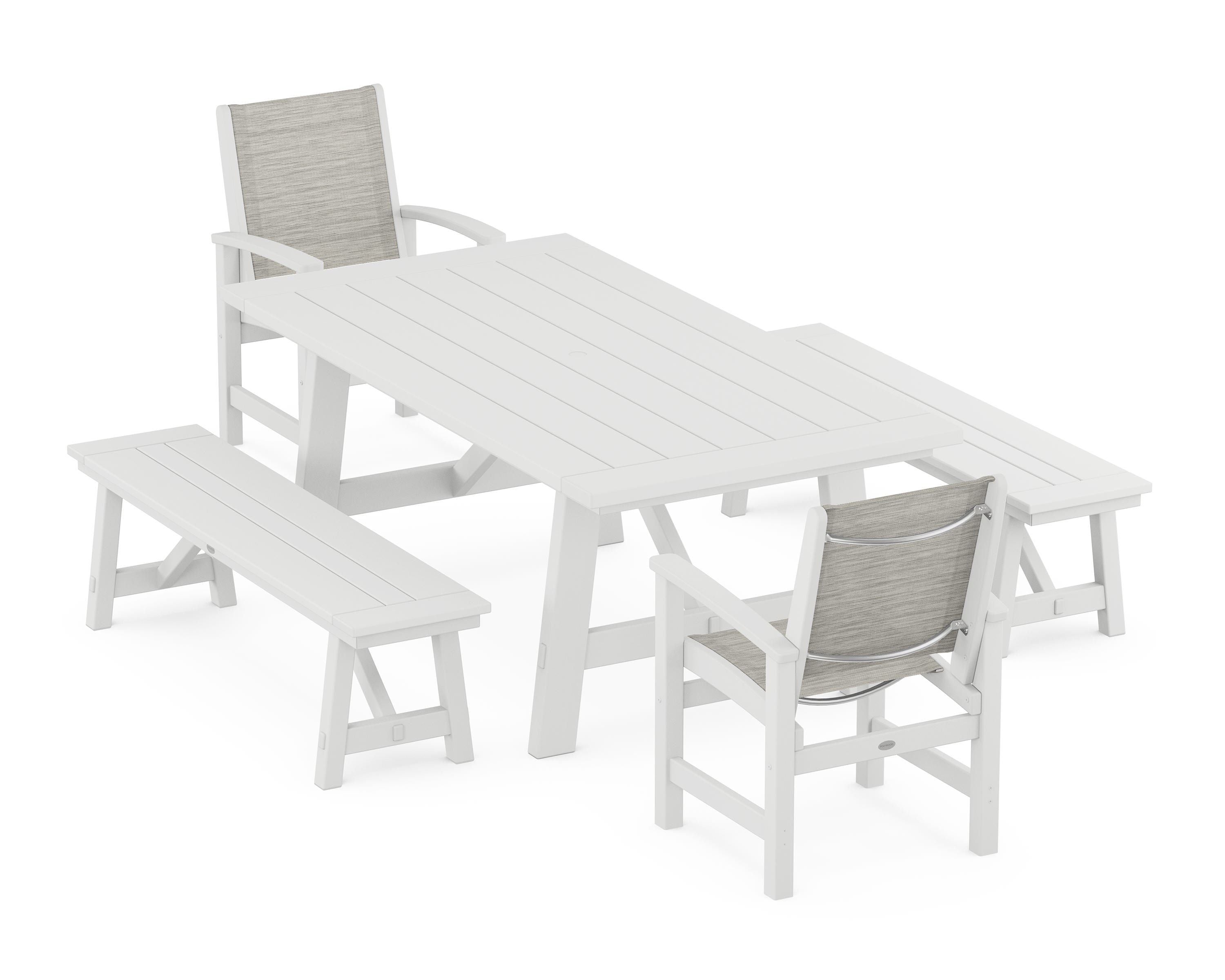 POLYWOOD Coastal 5-Piece Rustic Farmhouse Dining Set With Benches in White / Birch Sling
