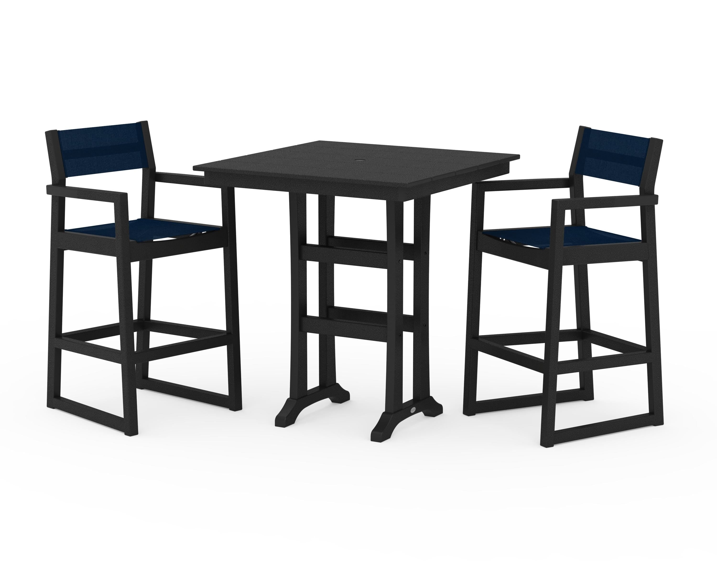 POLYWOOD EDGE Sling Arm Chair 3-Piece Farmhouse Bar Set with Trestle Legs in Black / Navy Blue Sling
